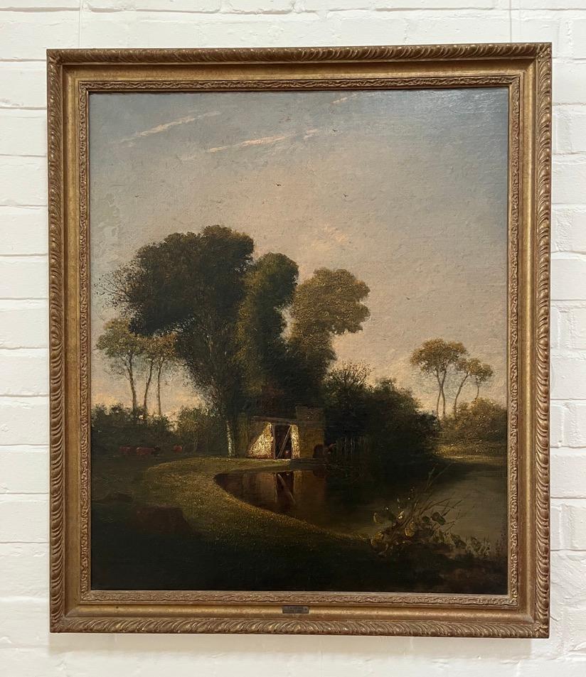 Early 19th Century Norwich School oil painting of cottage by a pond 11