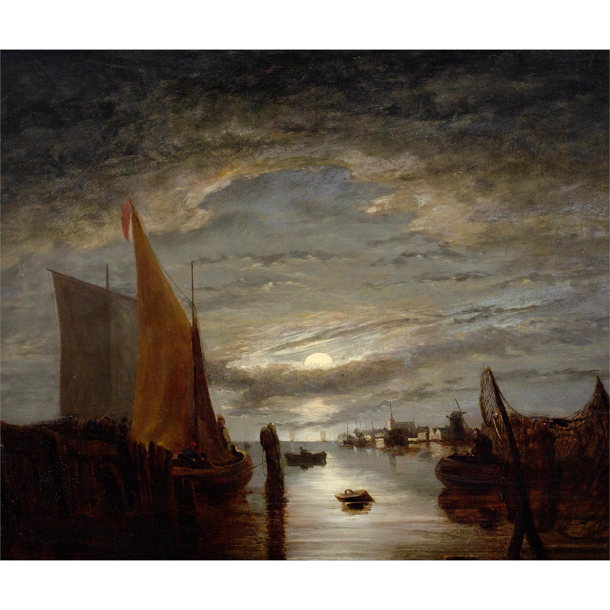 John Berney Crome, Nocturne With Fishing Boats, 19th-Century Oil Painting For Sale 1