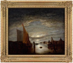 John Berney Crome, Nocturne With Fishing Boats, 19th-Century Oil Painting