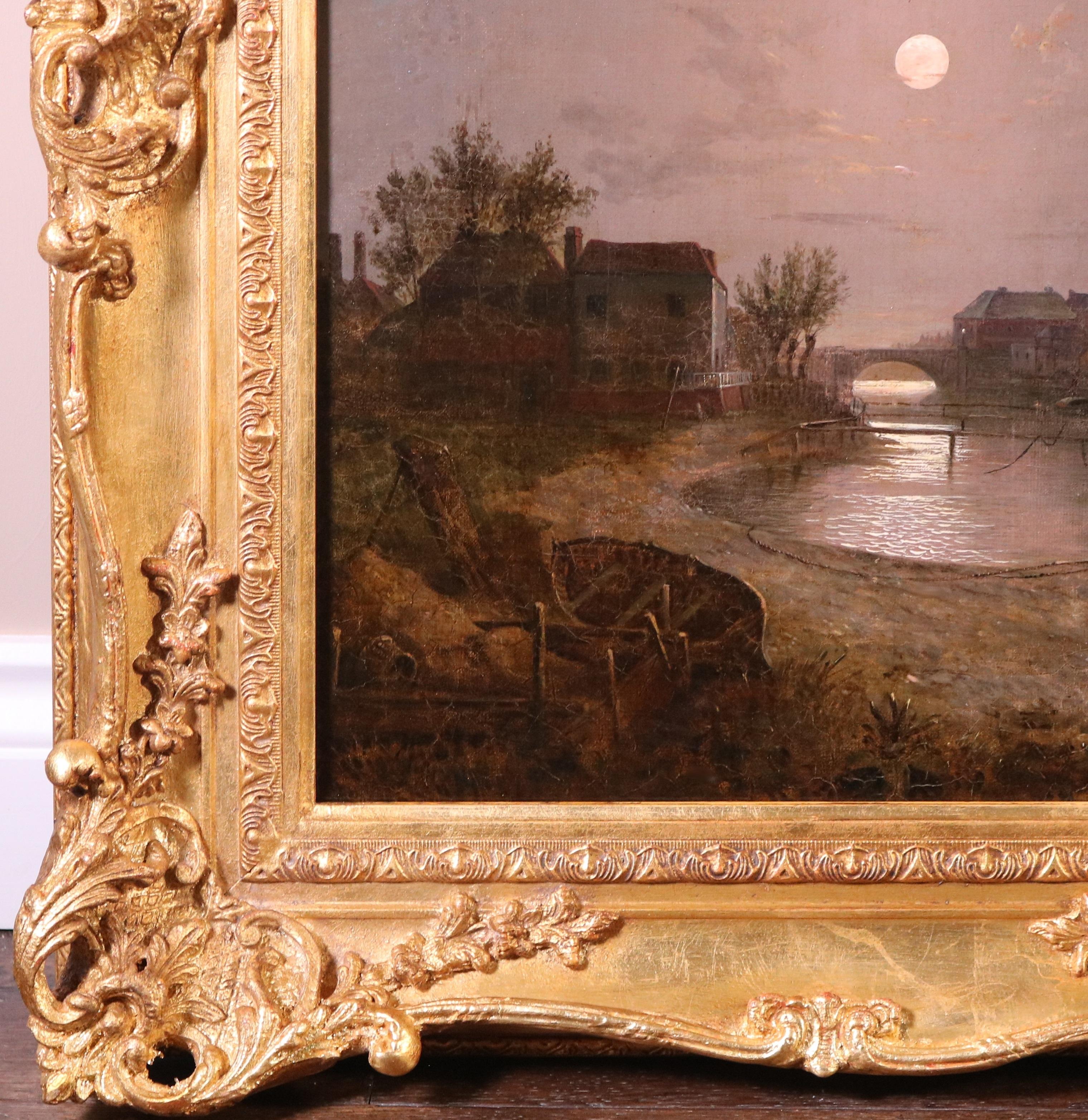 Scene on the Thames - Moonlight - Early 19th Century Nocturne Landscape Painting 4