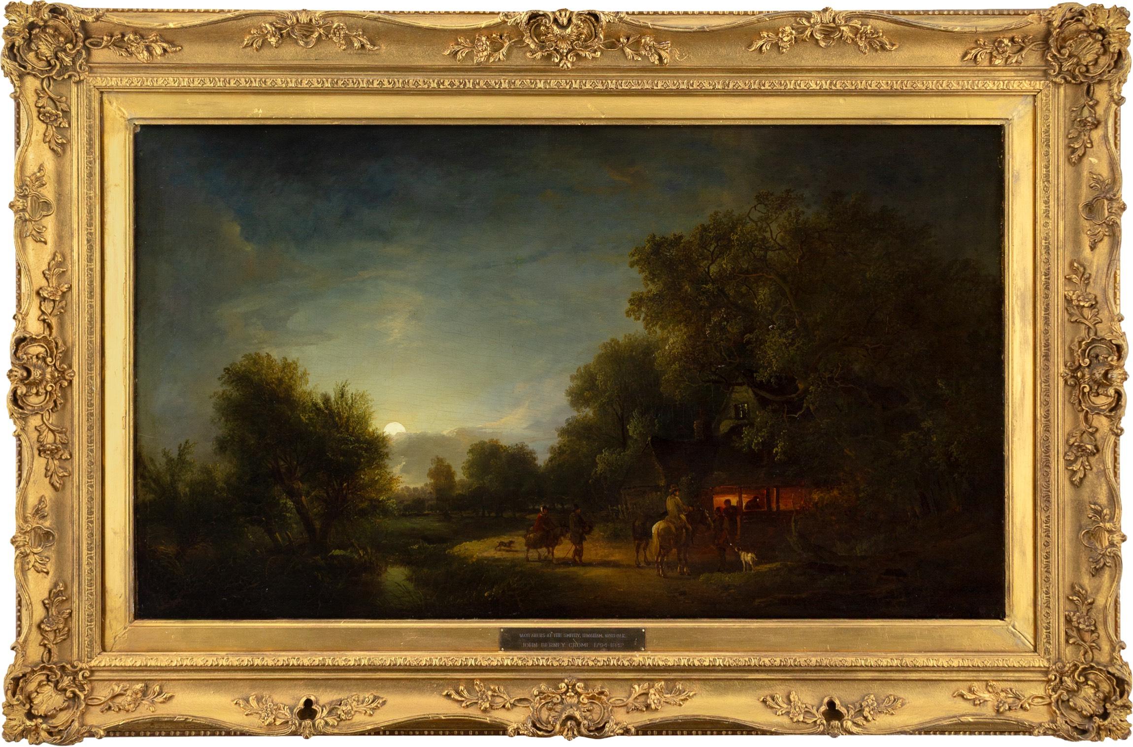 John Berney Crome Landscape Painting – Wanderer in der Schmiede, Hingham, Norfolk, Norwich Schule Ölgemälde, Nocturne