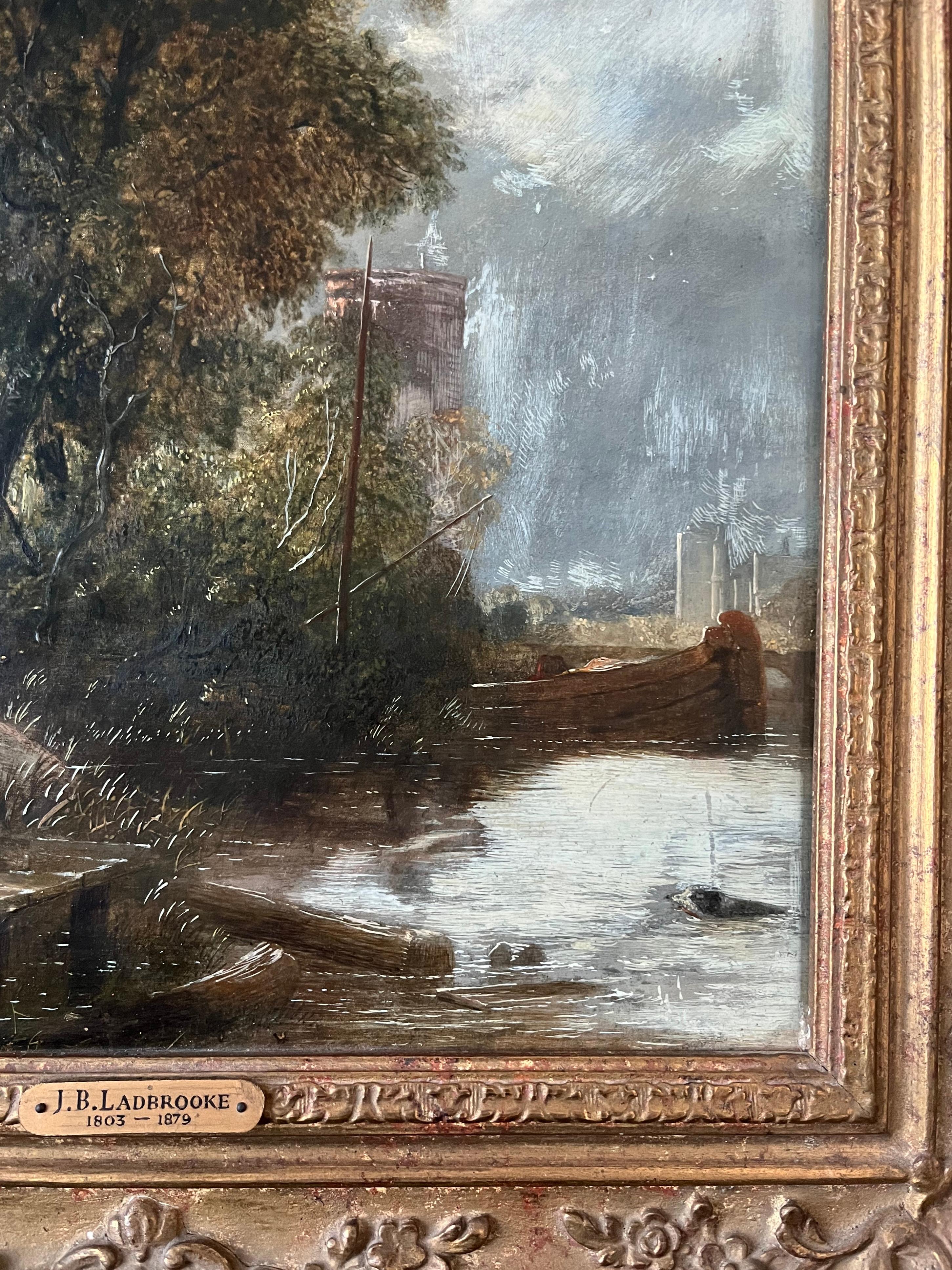 John Berney Ladbrooke, óleo del siglo XIX sobre un paisaje fluvial en venta 9