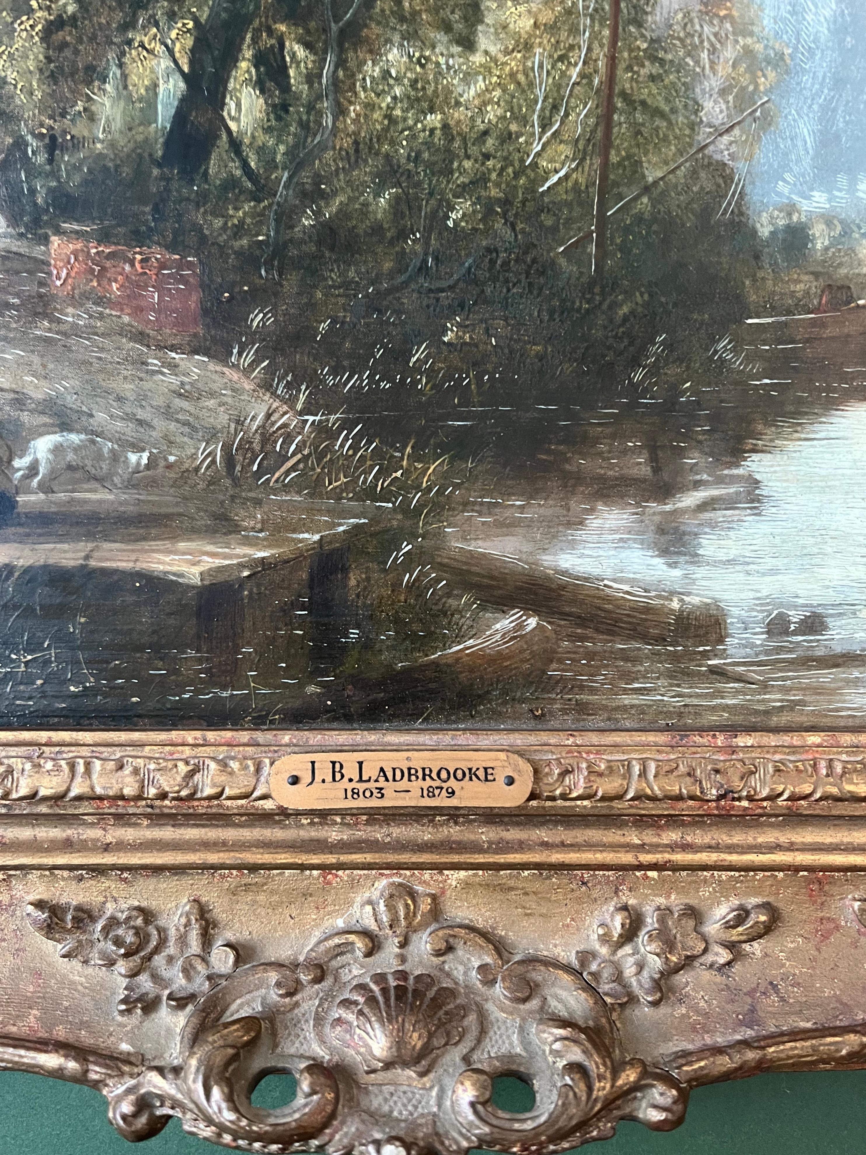 John Berney Ladbrooke, óleo del siglo XIX sobre un paisaje fluvial en venta 10