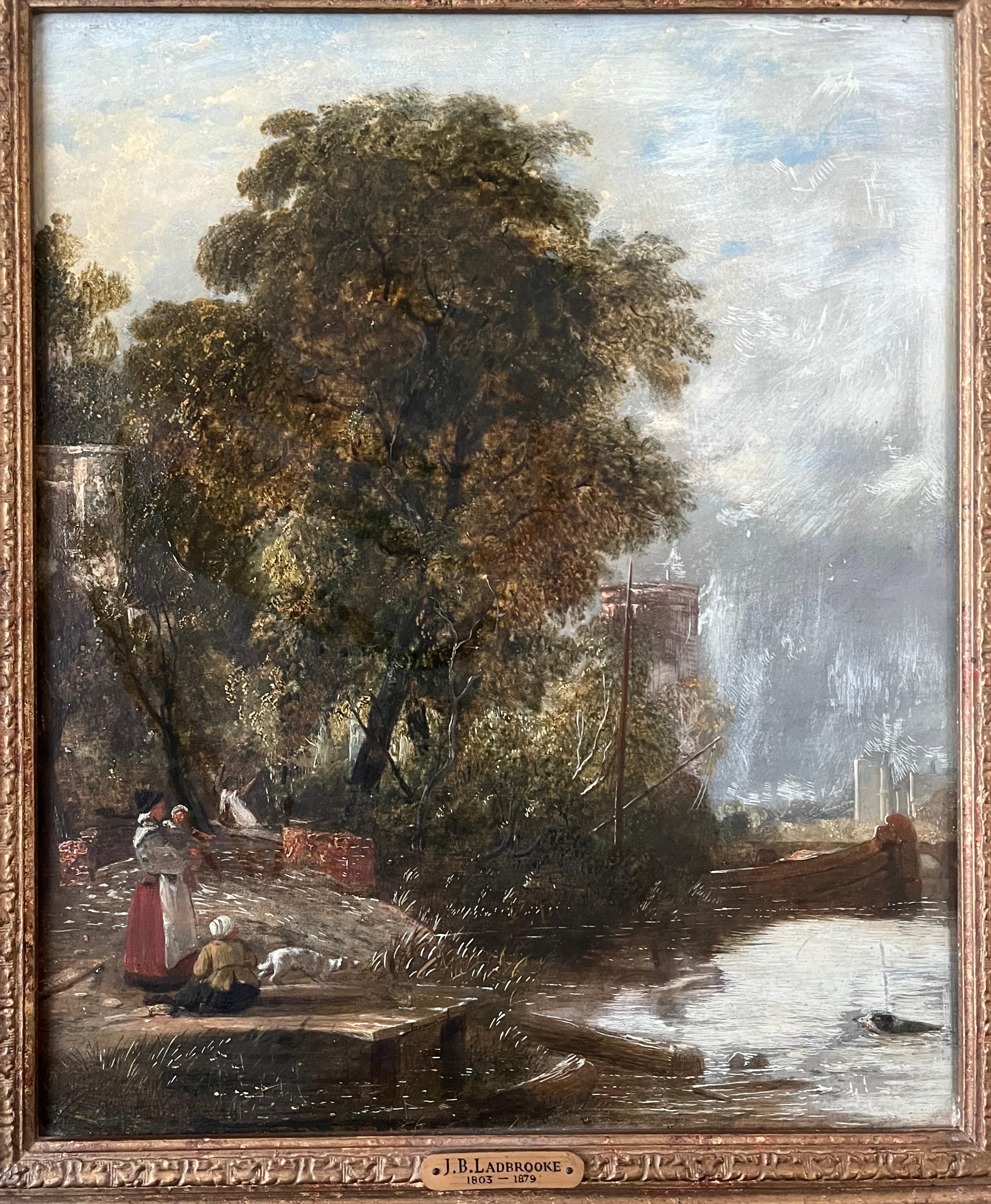 John Berney Ladbrooke, óleo del siglo XIX sobre un paisaje fluvial en venta 13