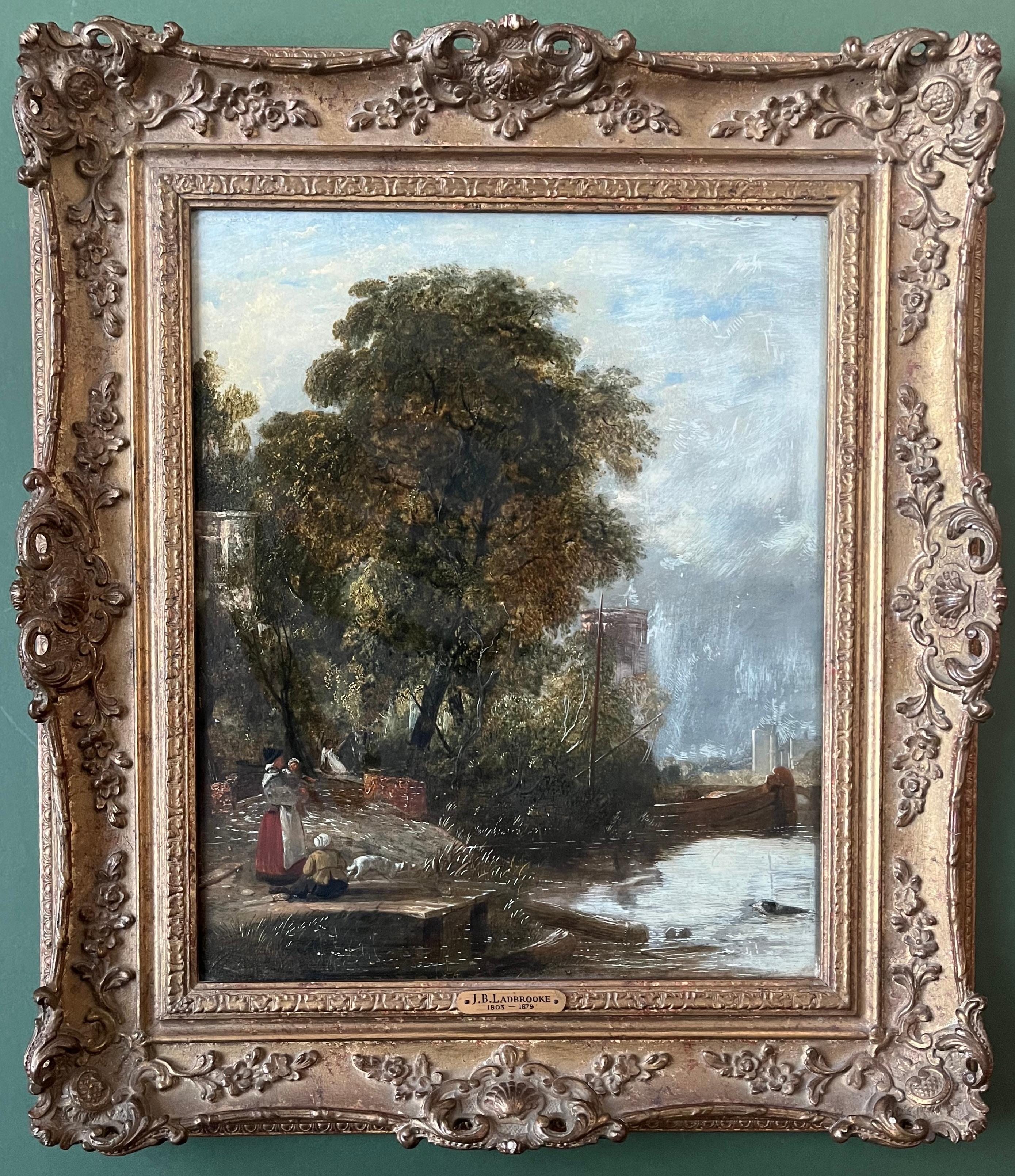 John Berney Ladbrooke, óleo del siglo XIX sobre un paisaje fluvial en venta 2