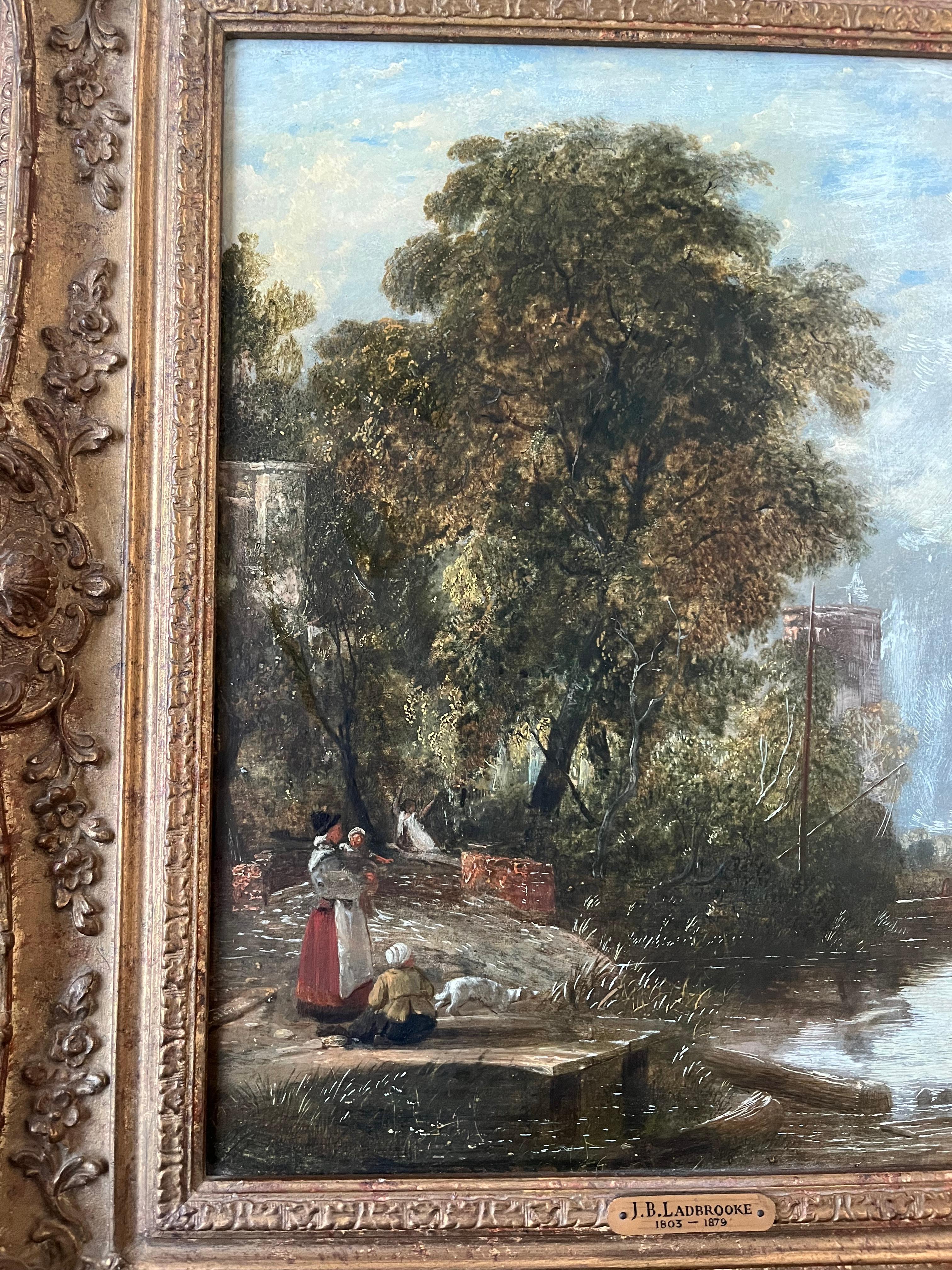 John Berney Ladbrooke, óleo del siglo XIX sobre un paisaje fluvial en venta 3
