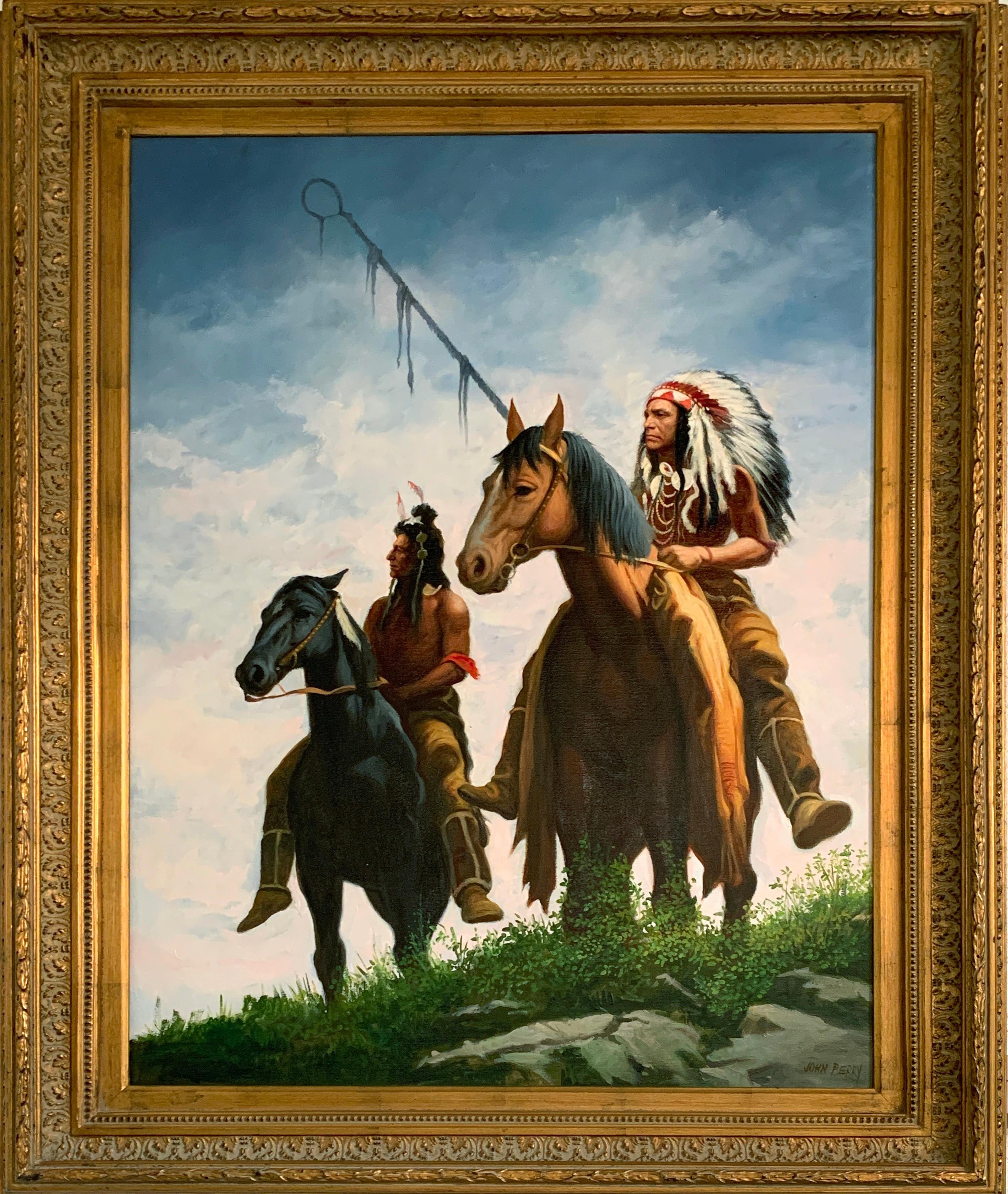 „Apsaalooke Warriors“, John Berry, Indigene Kunst (Nord-/Südamerika), Öl/Leinwand, 40x30 Zoll im Angebot 1