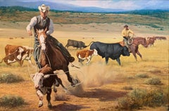 "Roping One In", John Berry, Western, Cowboy and Cattle, Oil/Canvas, 24x36 in