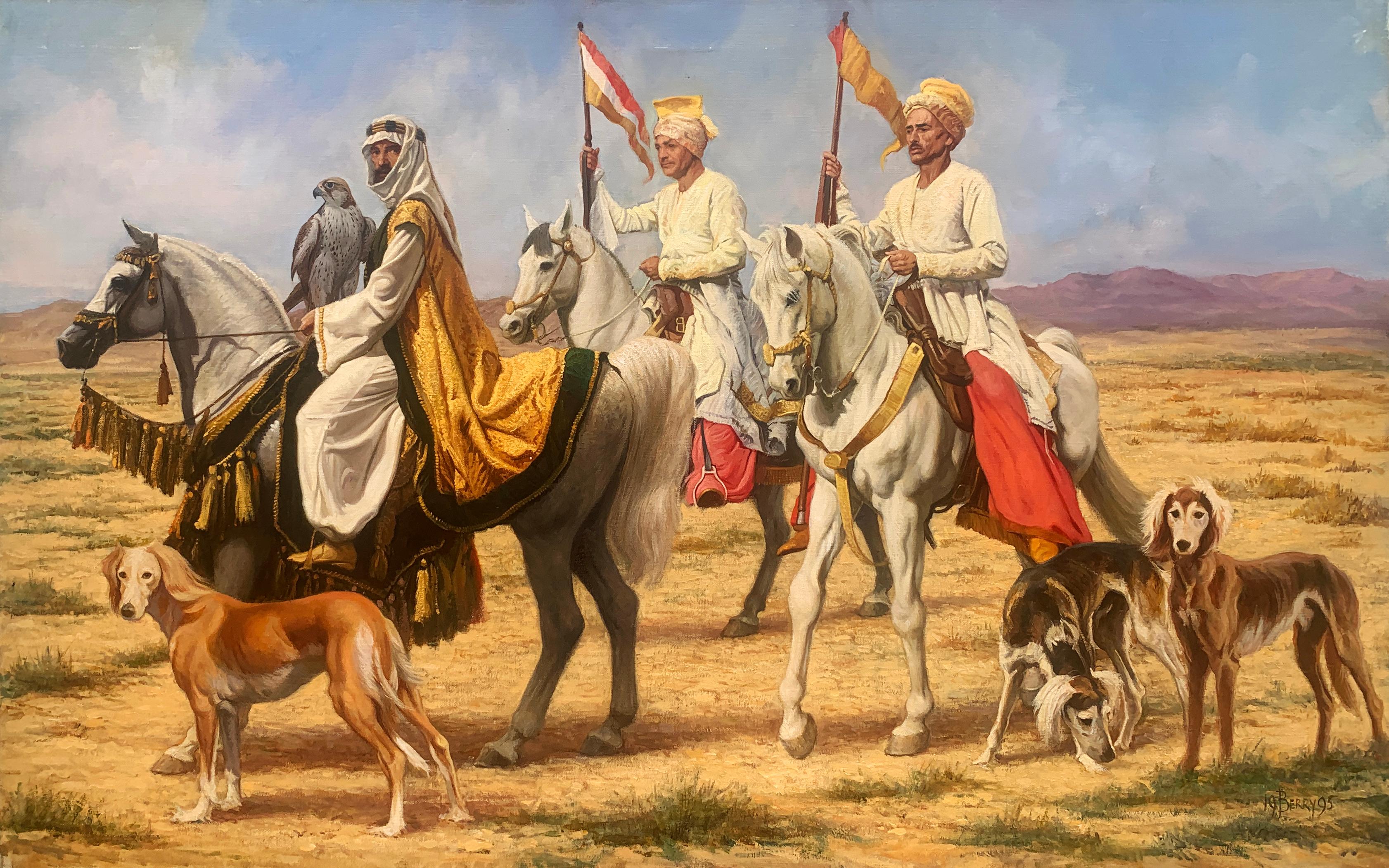 "The Falconer", John Berry, Oil on Canvas, 27x40 in., Horse, Dog, Falcons