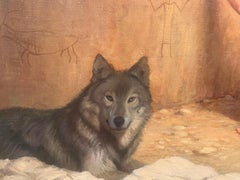 "Tribal History", John Berry, Oil on Canvas, 24x30 in., Native, Wolf, Pictograph