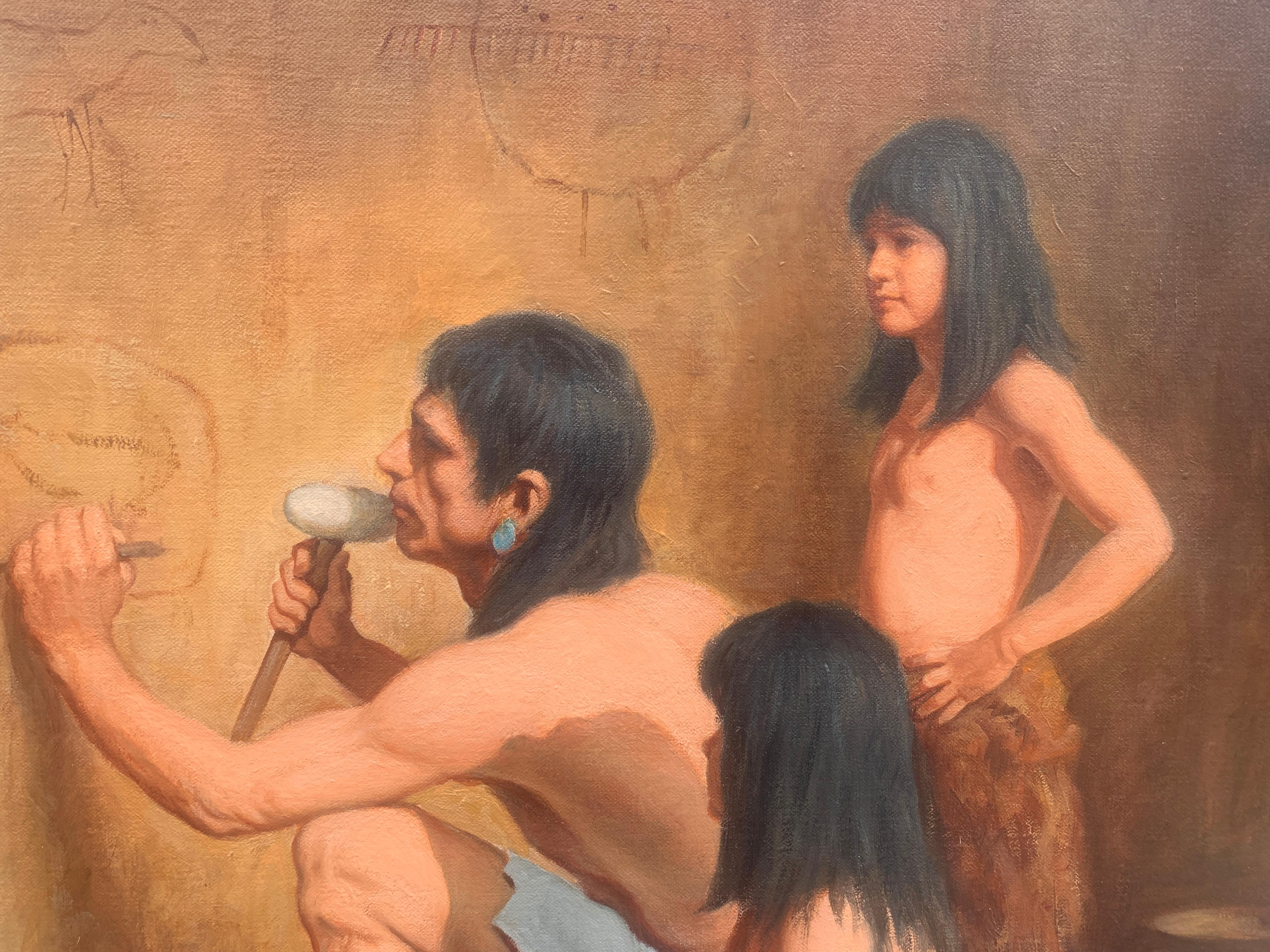 „Stammesgeschichte“, John Berry, Öl auf Leinwand, 24x30 Zoll, Ureinwohner, Wolf, Pictographie im Angebot 3