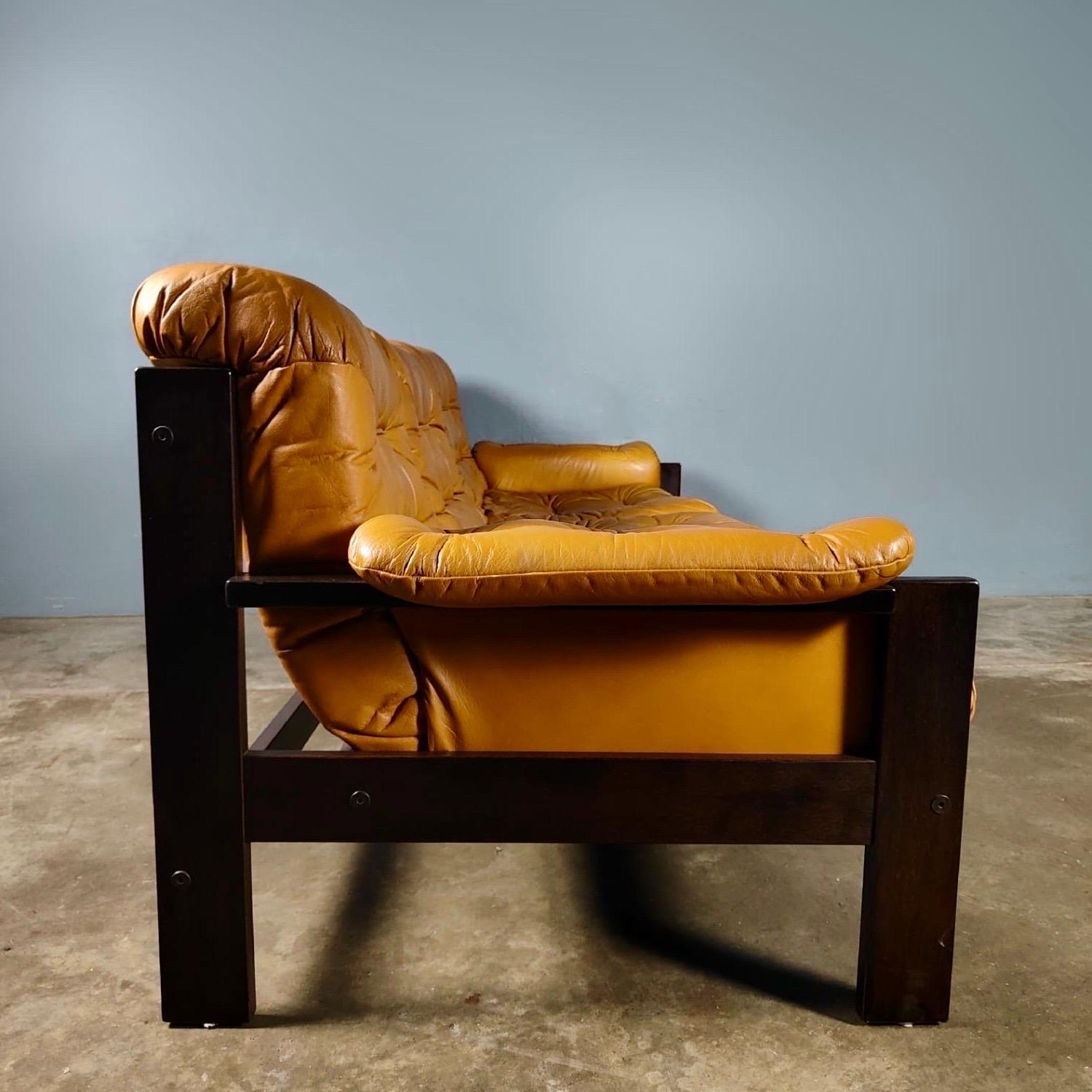 Mid-Century Modern John-Bertil Häggström Swed-Form Yellow Mustard Tan Leather Three Seater Sofa