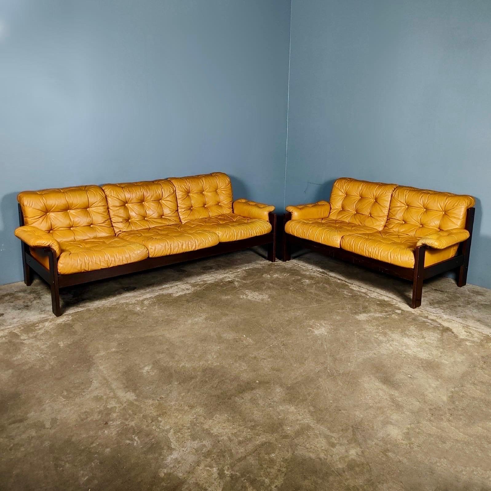 Swedish John-Bertil Häggström Swed-Form Yellow Mustard Tan Leather Three Seater Sofa