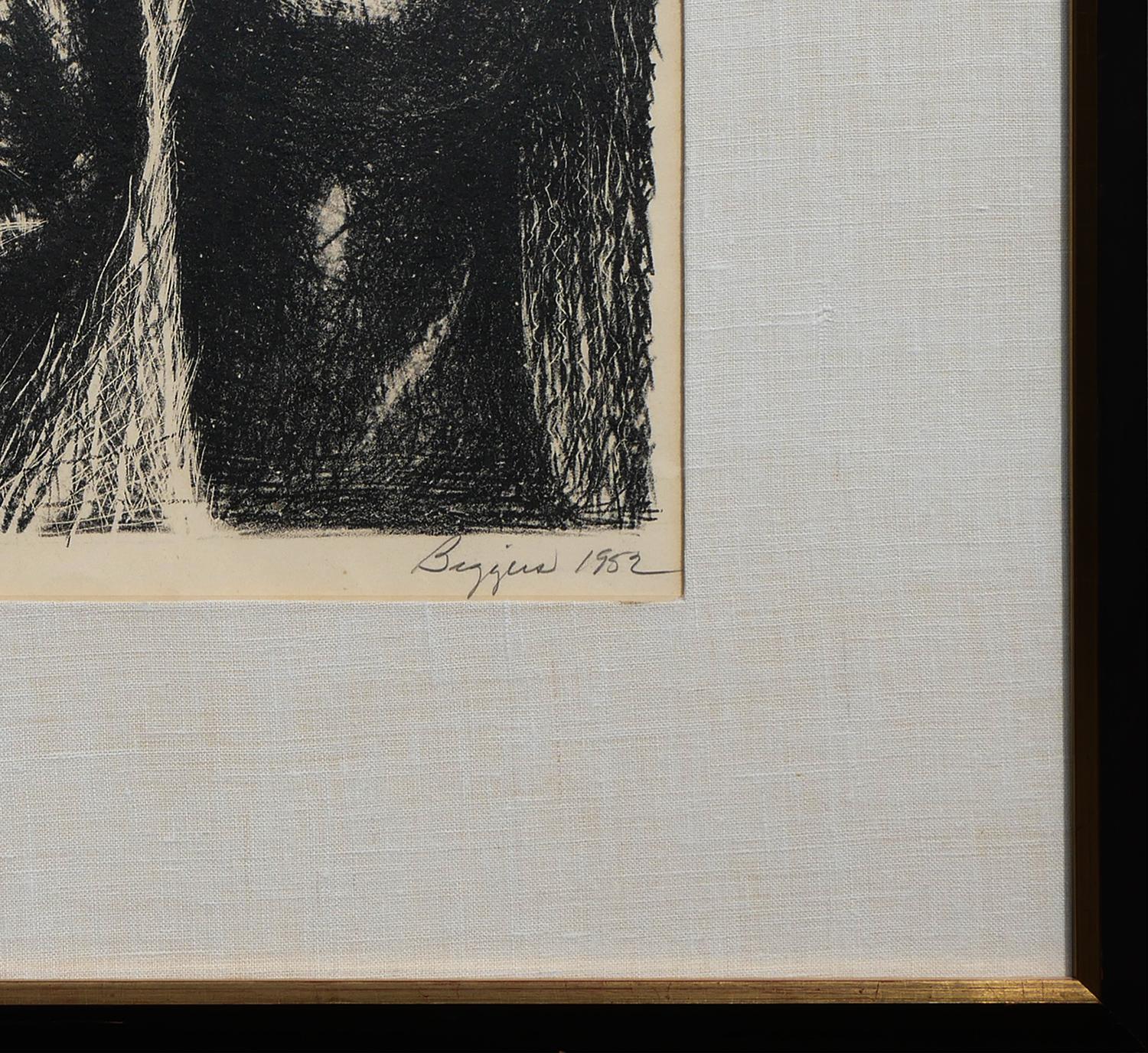 Modern abstract woodcut by renowned artist John Biggers. The work features a close up black and white image of a pair of  abstracted figures. Signed, titled, and dated along front lower margin. Currently hung in a black frame with a white