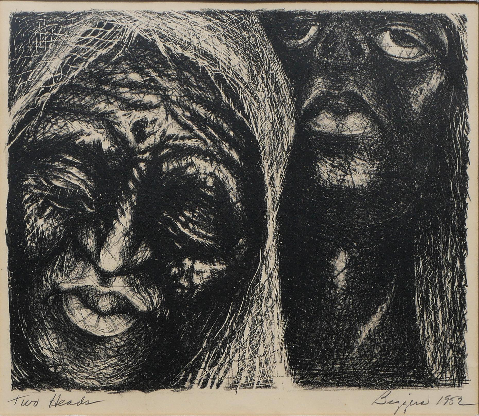 “Two Heads” Modern Abstract Black and White Woodcut Print of Two Figures 1