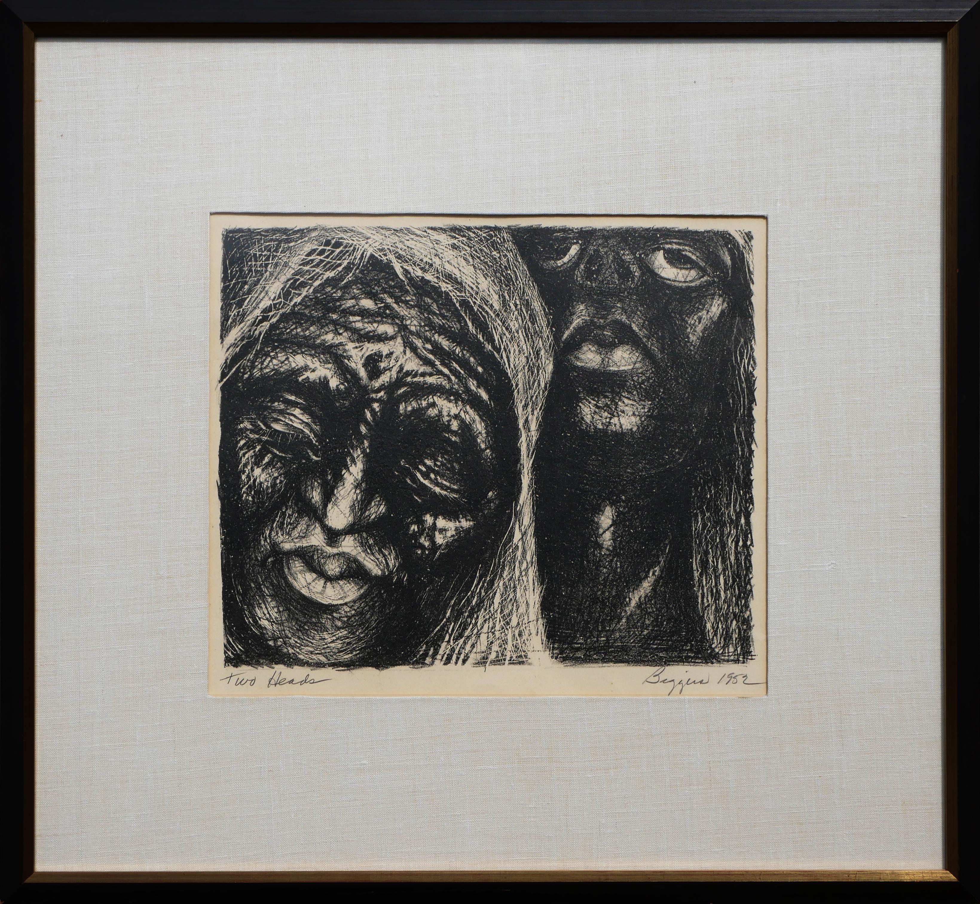 John Biggers Abstract Print - “Two Heads” Modern Abstract Black and White Woodcut Print of Two Figures