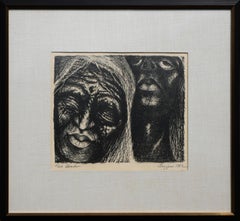 “Two Heads” Modern Abstract Black and White Woodcut Print of Two Figures