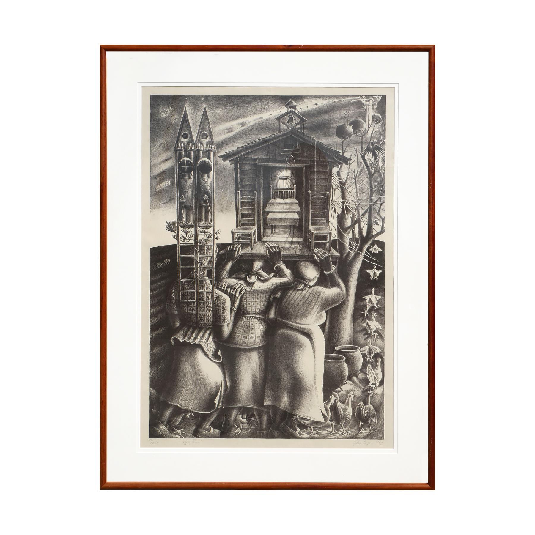 « Upper Room », lithographie figurative abstraite en noir et blanc, Édition 44/50 - Print de John Biggers