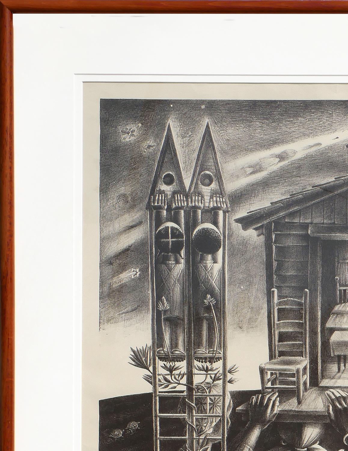 Modern abstract figurative lithograph by renowned artist John Biggers. The work features a trio of women carrying a house on their backs set against a rural landscape. Signed, titled, dated, and editioned along the front lower margin. Currently hung