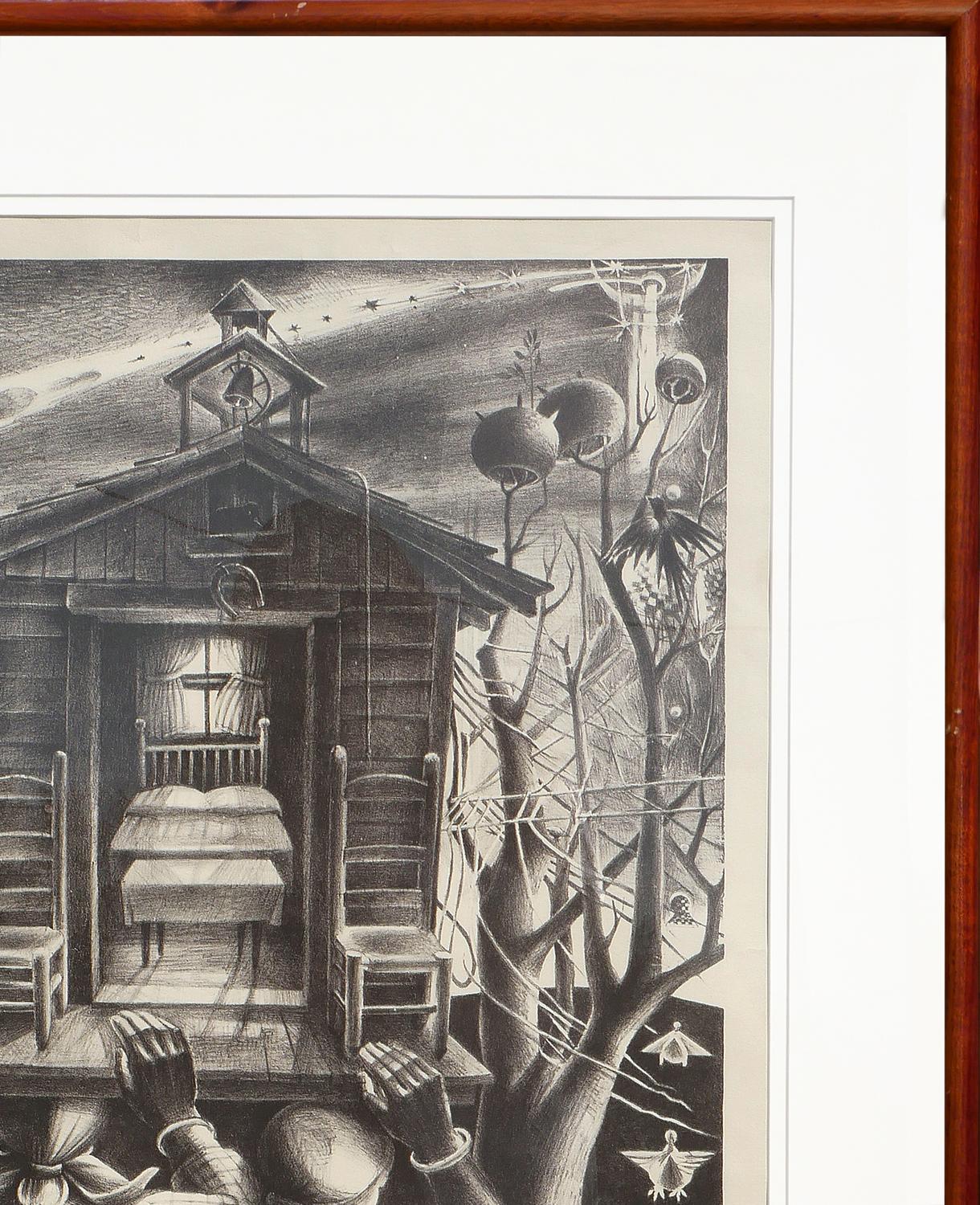 Lithographie figurative abstraite moderne réalisée par le célèbre artiste John Biggers. L'œuvre représente un trio de femmes portant une maison sur leur dos, dans un paysage rural. Signé, titré, daté et édité dans la marge inférieure du recto.