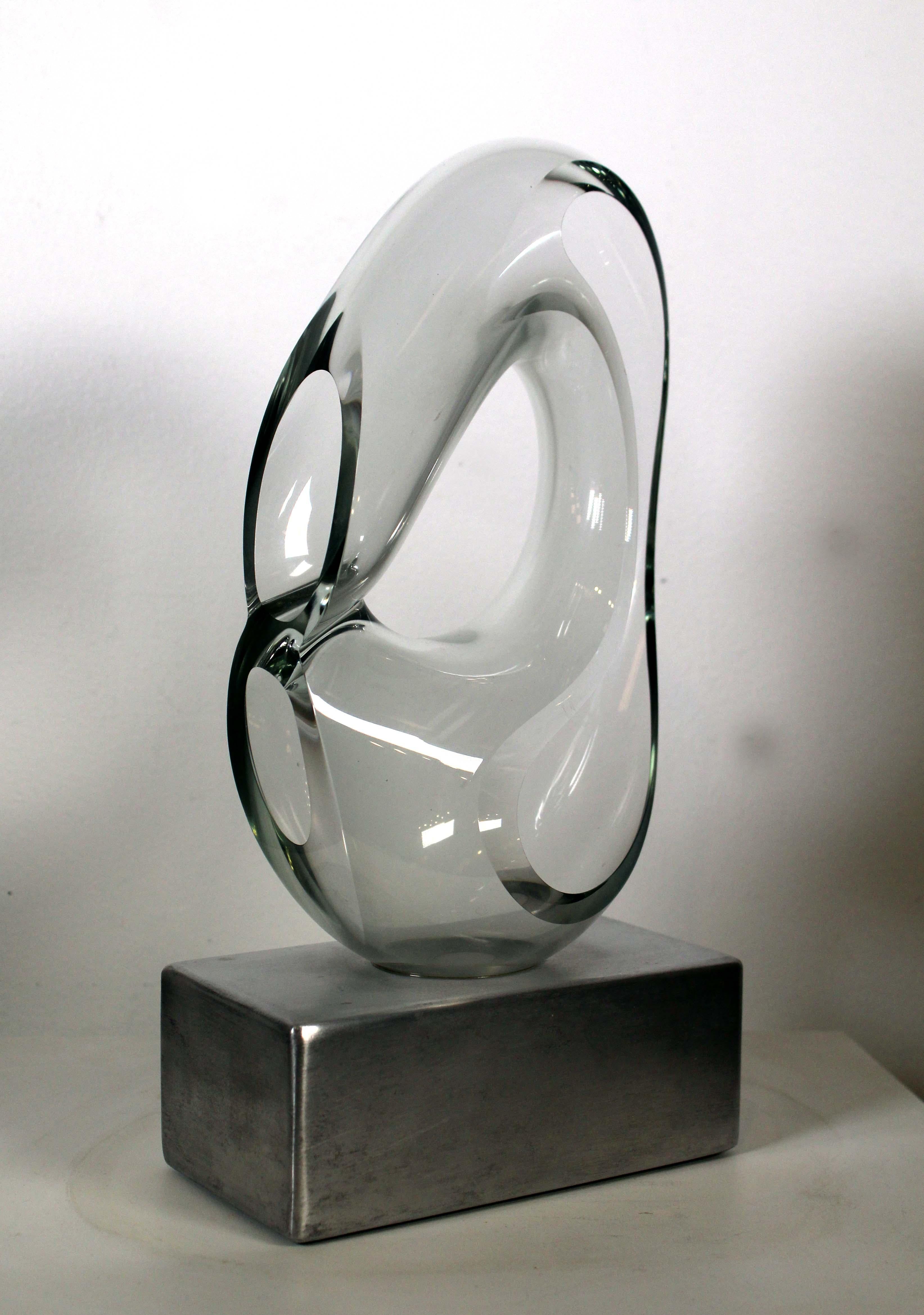 John Bingham Biomorphic Abstract Glass Sculpture with Metal Base Signed 1980 In Good Condition In Keego Harbor, MI
