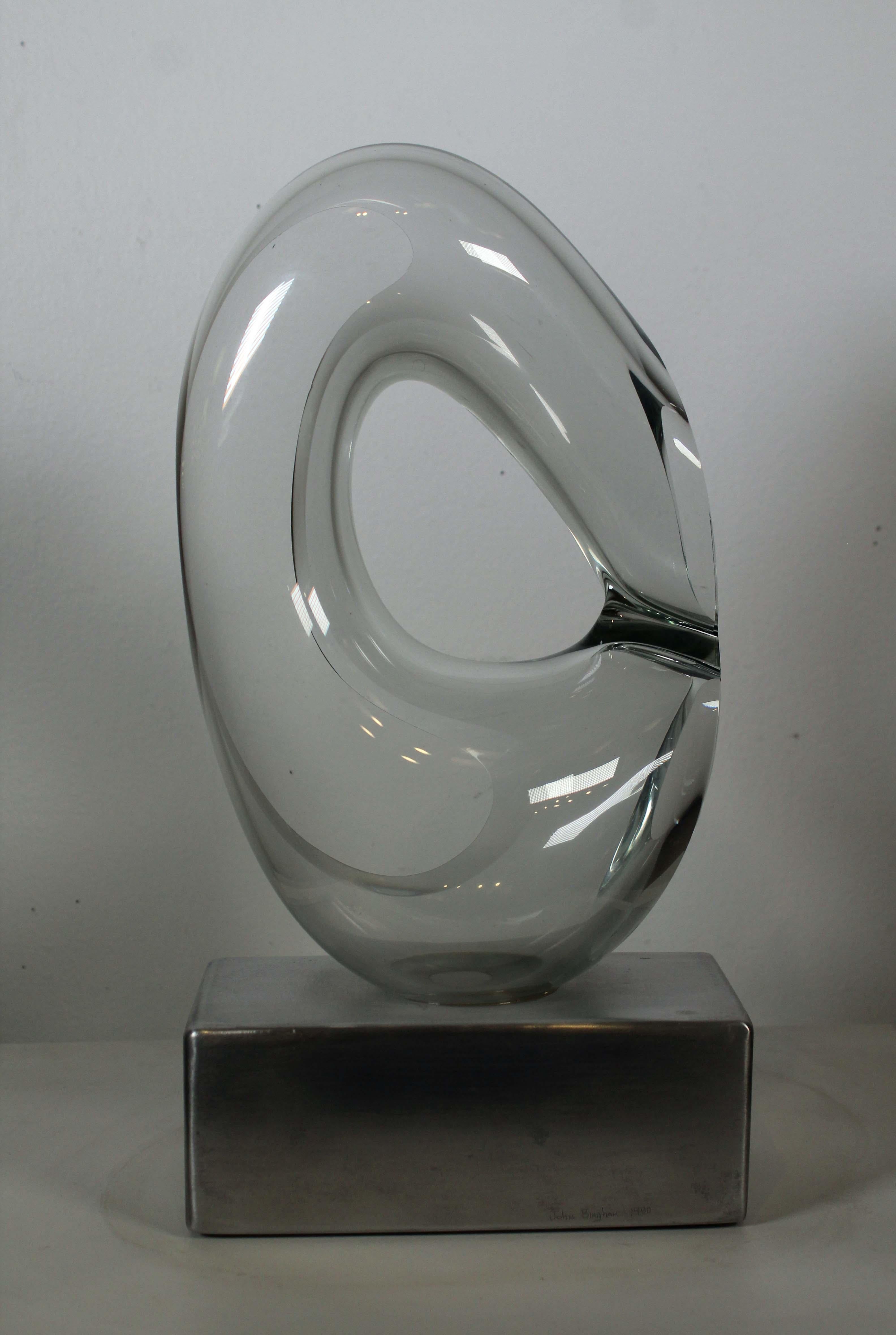 John Bingham Biomorphic Abstract Glass Sculpture with Metal Base Signed 1980 1
