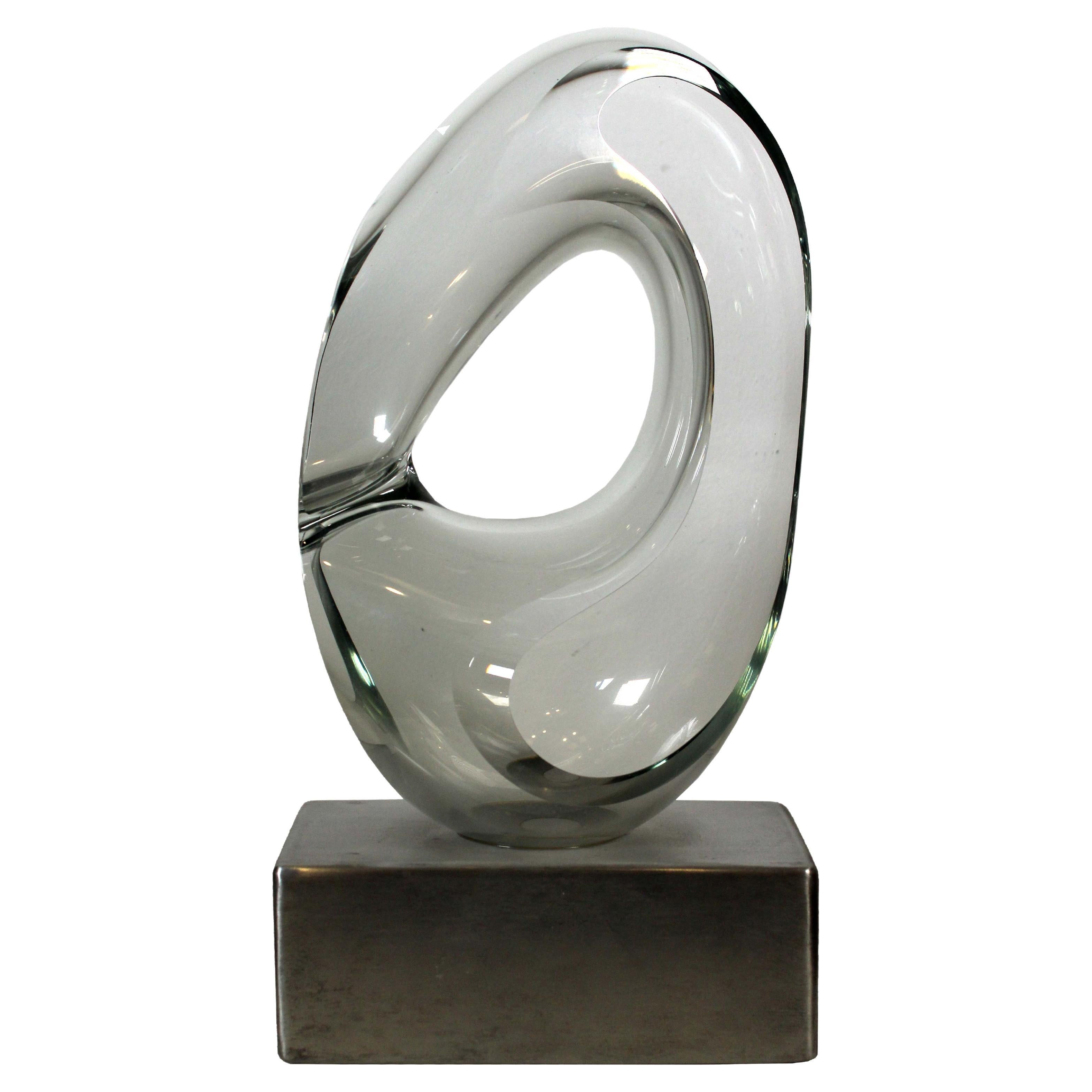 John Bingham Biomorphic Abstract Glass Sculpture with Metal Base Signed 1980