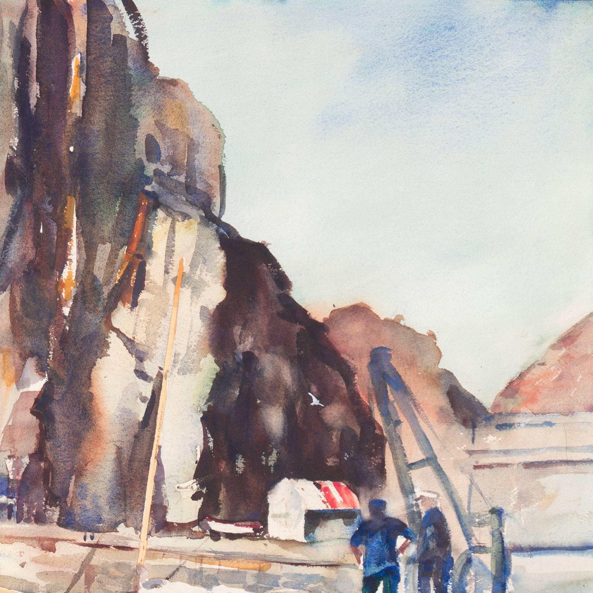 Ein gehaltvolles und malerisches Aquarell auf Arches-Papier, das den einzigen Hafen der Insel Sark auf den Kanalinseln mit Fischern zeigt, die auf der Mole stehen und sich unterhalten.

Unten rechts signiert 