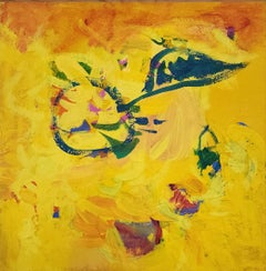 "Nature morte pour Marianne" John Blee, Jaune et bleu intenses, peinture abstraite