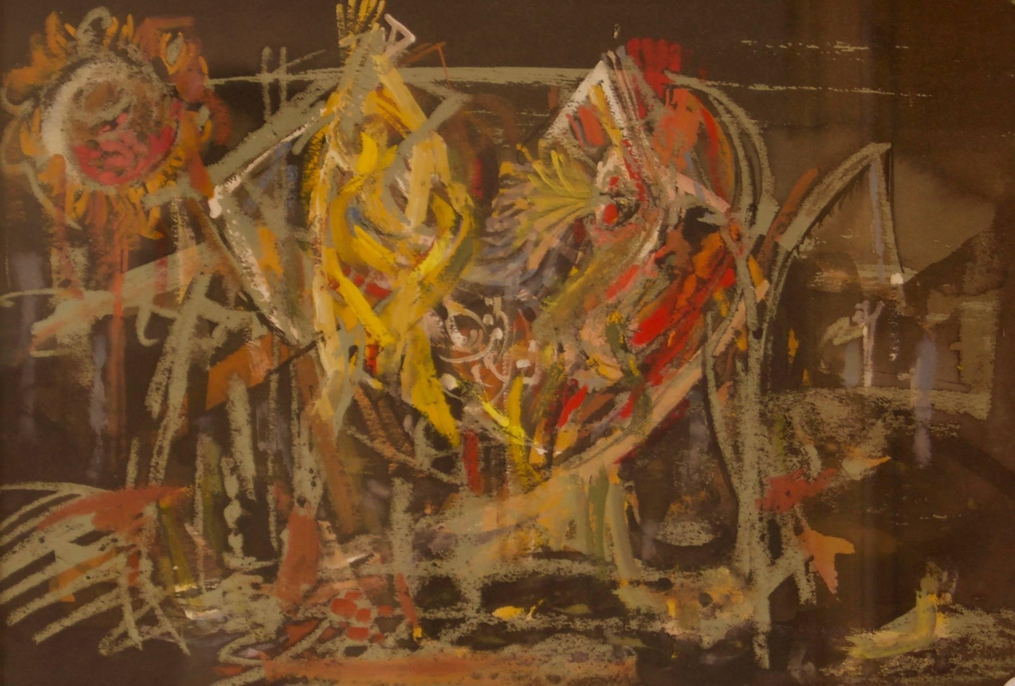 Fiesta de la cosecha abstracta - Técnica mixta de mediados del siglo XX por John Bolam