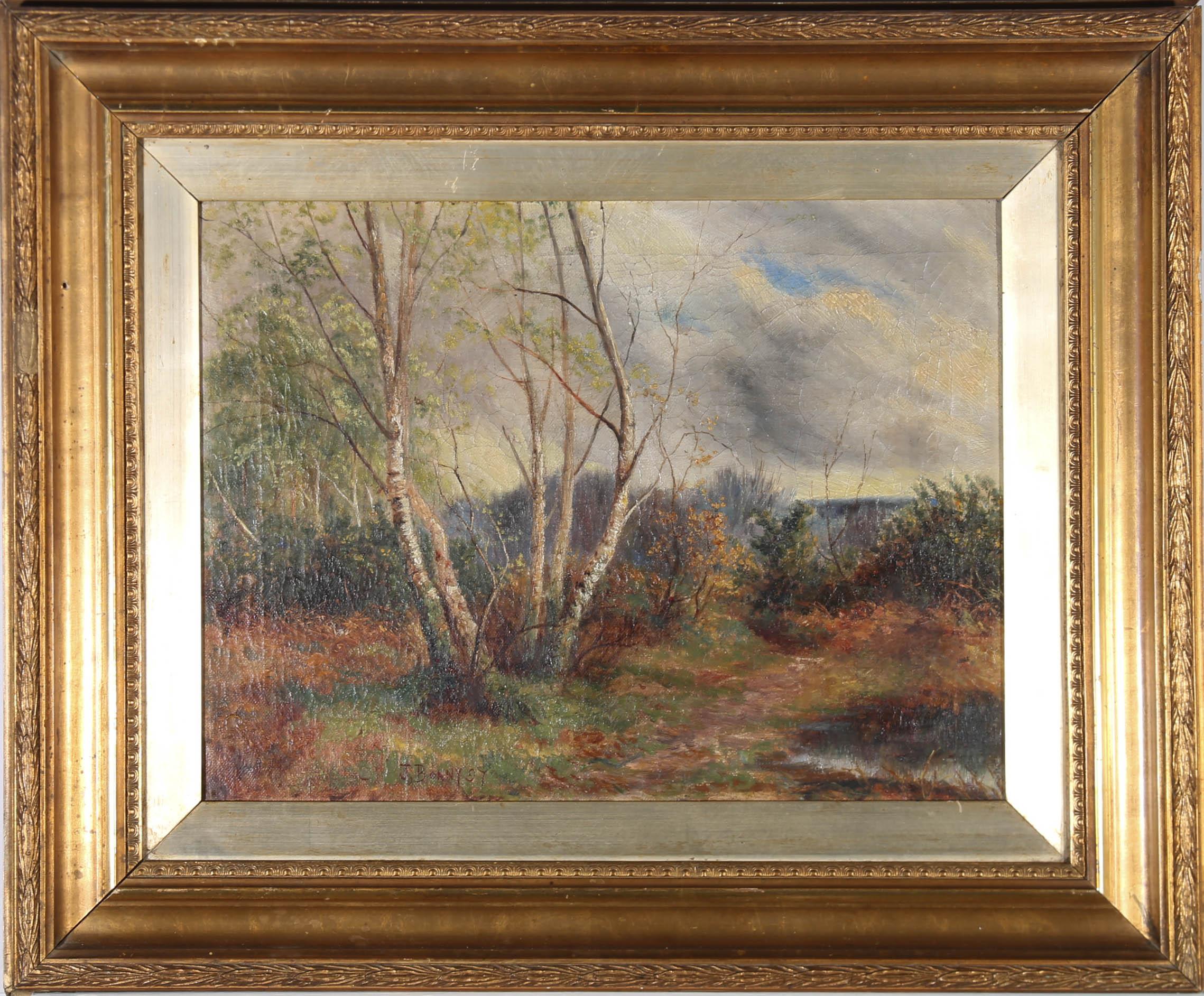 John Bonny (1874-1948) - Olio del 1897 incorniciato, Alberi di betulle lungo il sentiero 1