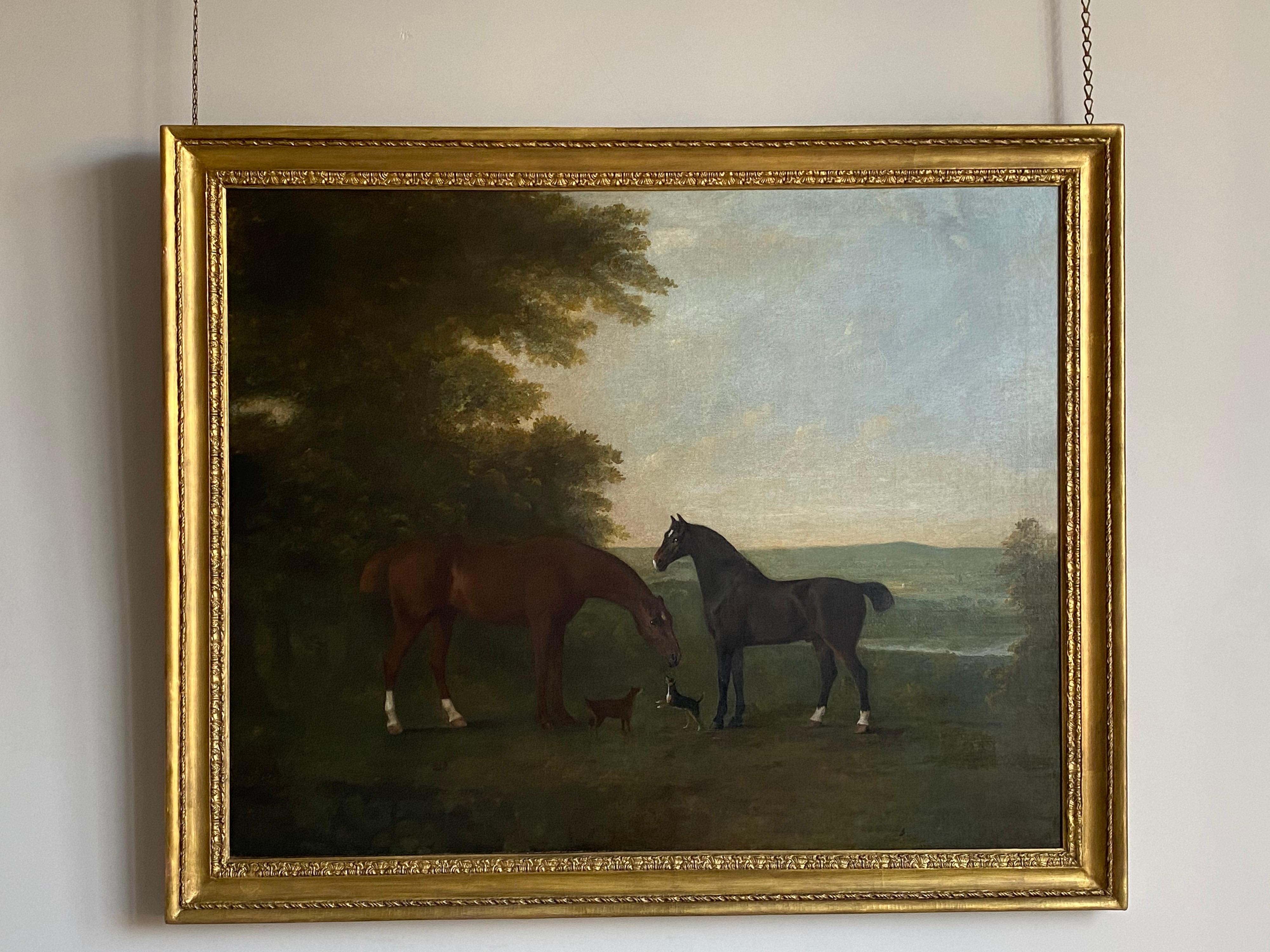Horses with accompanying dogs in an extensive English landscape, 18th century - Painting by John Boultbee