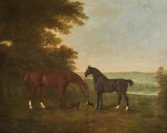 Antique Horses with accompanying dogs in an extensive English landscape, 18th century