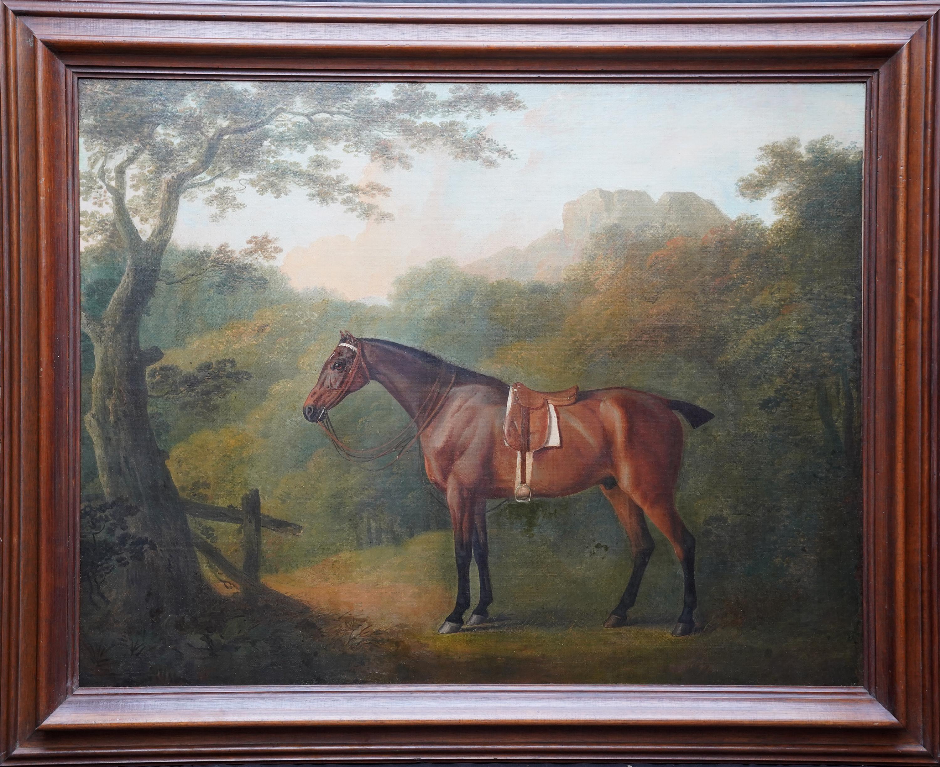 Caballo de caza ensillado en un paisaje - pintura al óleo de arte equino del Viejo Maestro británico en venta 5