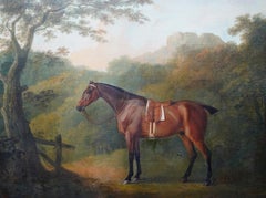 Saddled Hunter Horse in a Landscape - British Old Master equine art oil painting