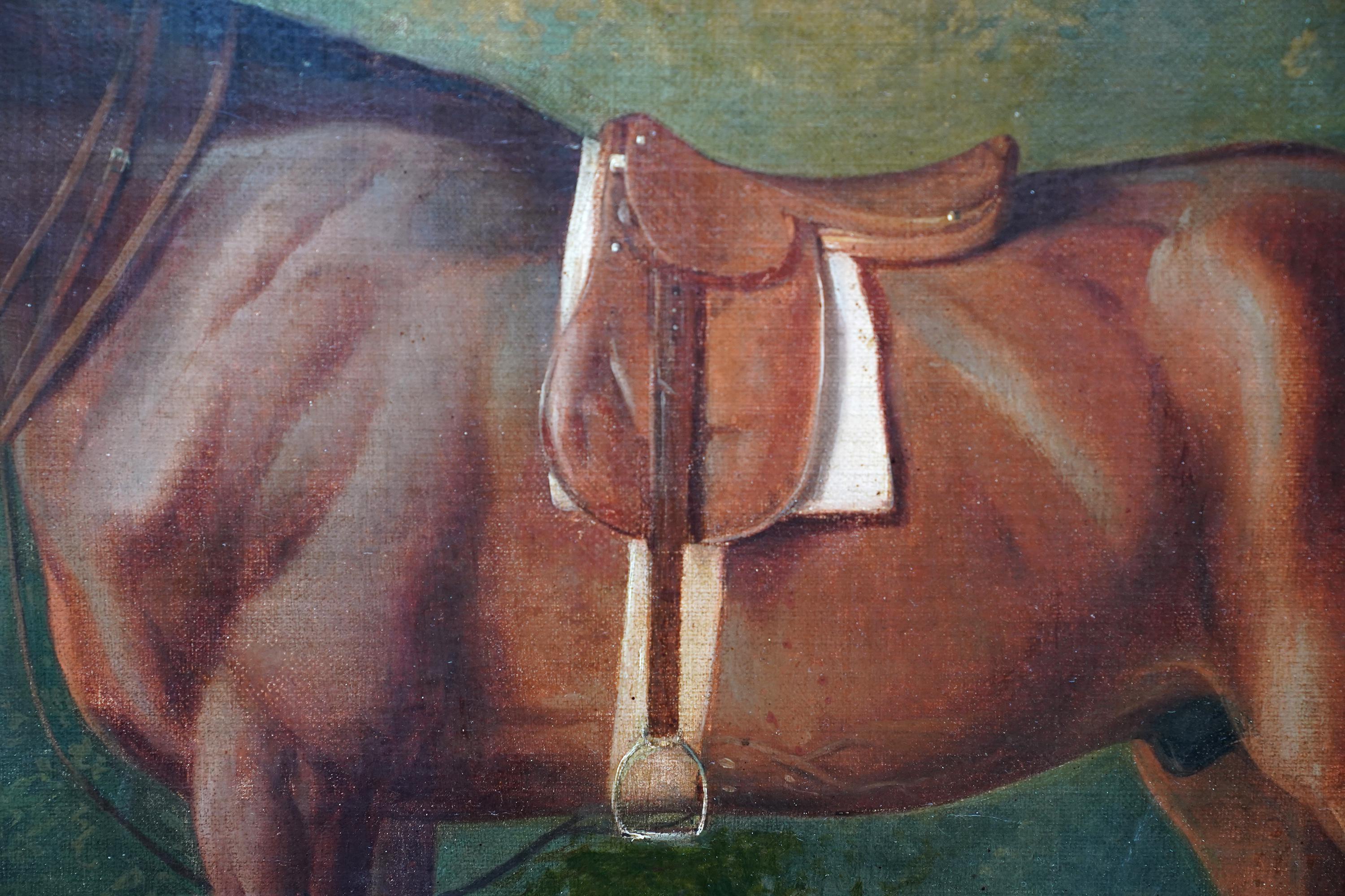 Este gran y soberbio retrato ecuestre al óleo del Viejo Maestro británico es obra del célebre artista John Boultbee. Pintada hacia 1790, la composición es una  hermoso caballo de caza alazán ensillado, de pie en un paisaje, bajo un árbol con árboles