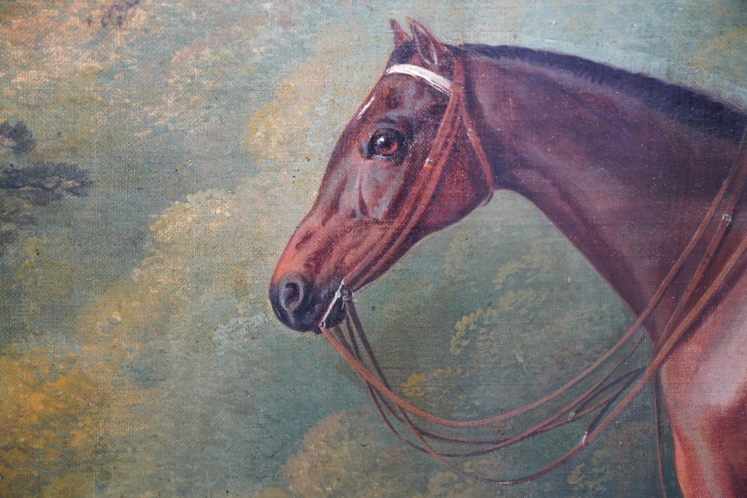 Caballo de caza ensillado en un paisaje - pintura al óleo de arte equino del Viejo Maestro británico en venta 1