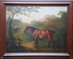 Caballo de caza ensillado en un paisaje - pintura al óleo de arte equino del Viejo Maestro británico