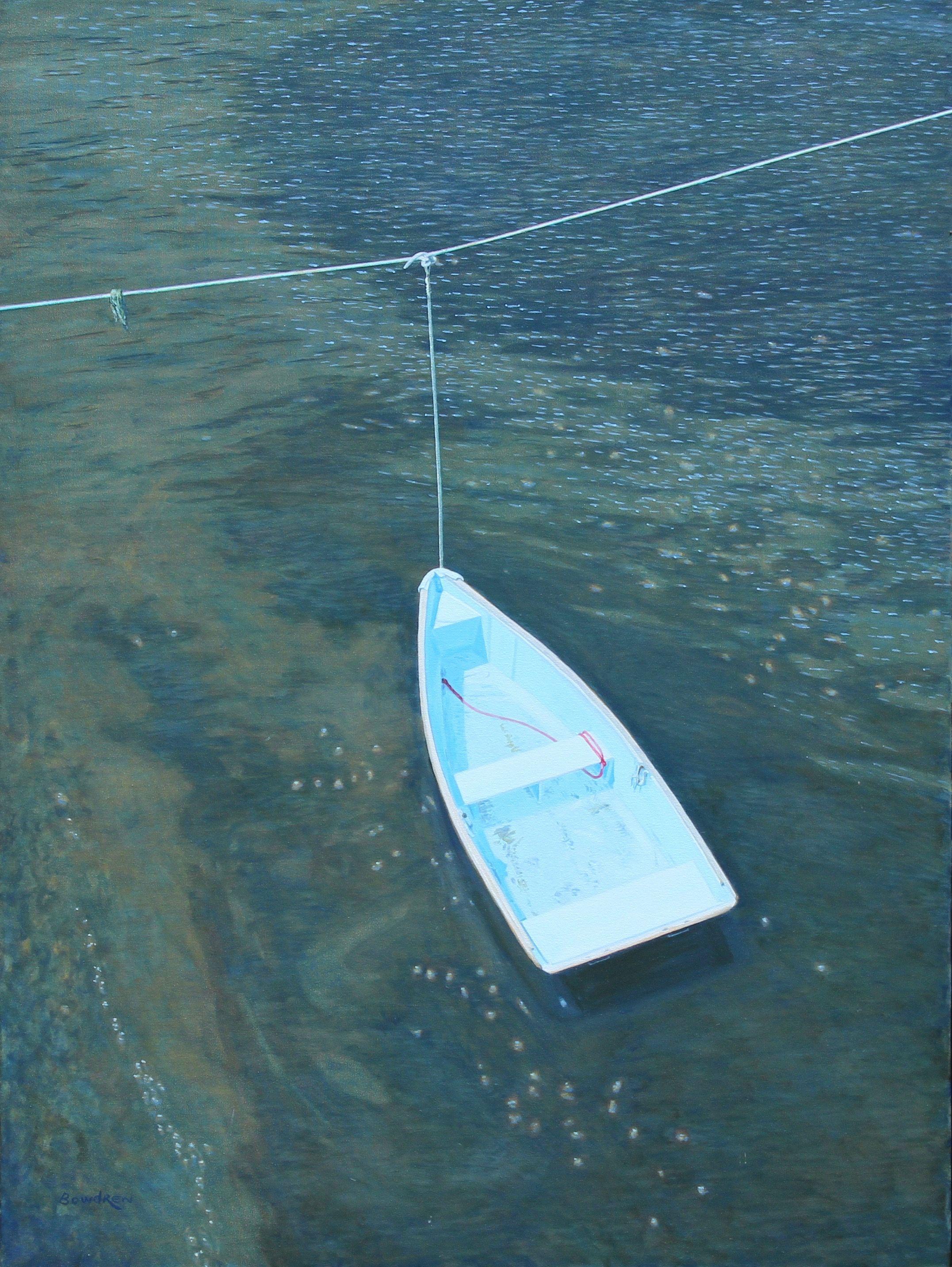 A boat seen from above, attached to a haul out line, which helps keep the boat in the water and out of the mud or rocks. the tide is on the turn and the line is taut.  :: Painting :: Realism :: This piece comes with an official certificate of