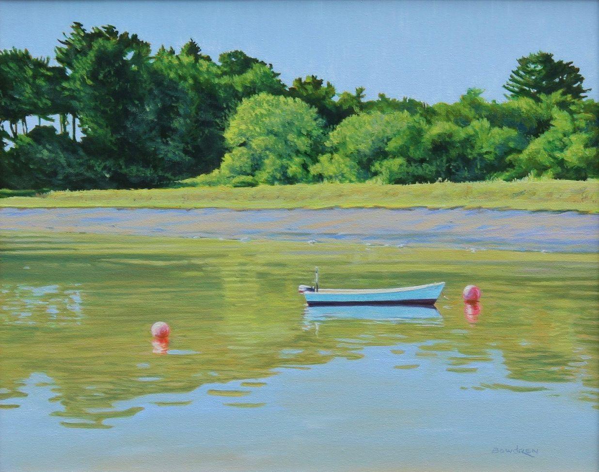 A boat at its mooring in the Royal River near where it meets Casco Bay in Maine. I was struck by the vividness of the scene in the midday sun and the reflections in the water. :: Painting :: Realism :: This piece comes with an official certificate
