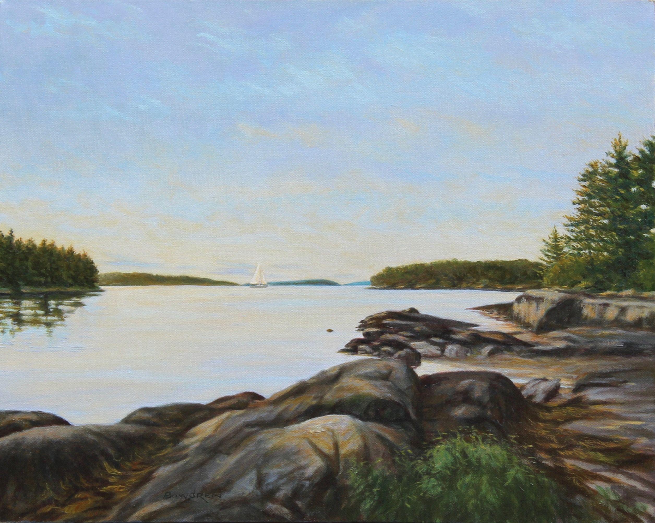 A sailboat in the distance cruising past a  cove with rocks and trees lit up by the afternoon sun.  The scene is in Casco Bay in Maine, USA :: Painting :: Realism :: This piece comes with an official certificate of authenticity signed by the artist