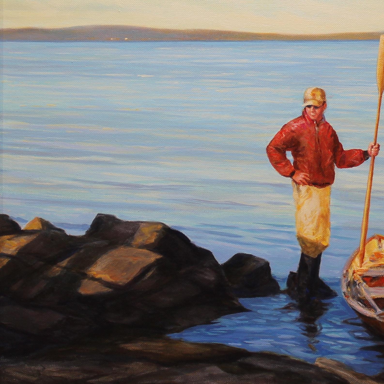 A guide at the end of the day, holding his skiff steady with his oar before rowing home, lit up in the setting sun.  :: Painting :: Realism :: This piece comes with an official certificate of authenticity signed by the artist :: Ready to Hang: No ::
