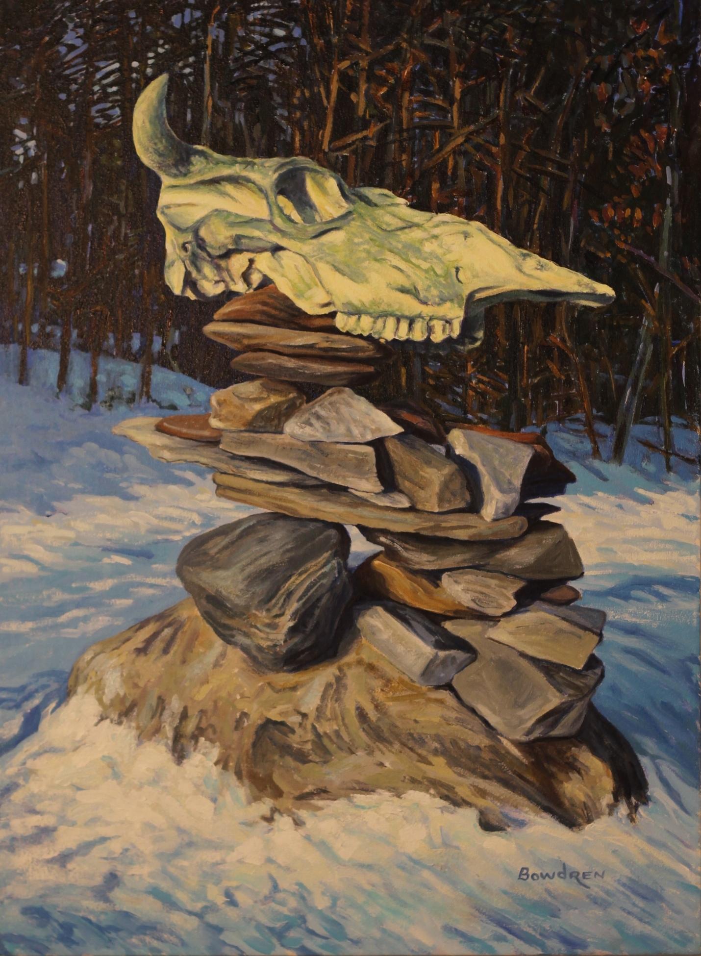 A cow skull atop a cairn with snow all around and the late day winter sun streaming in illumining the scene and the woods behind. I like the contrast of the coolness of the snow to the warmth of the light on the rocks and skull. :: Painting ::