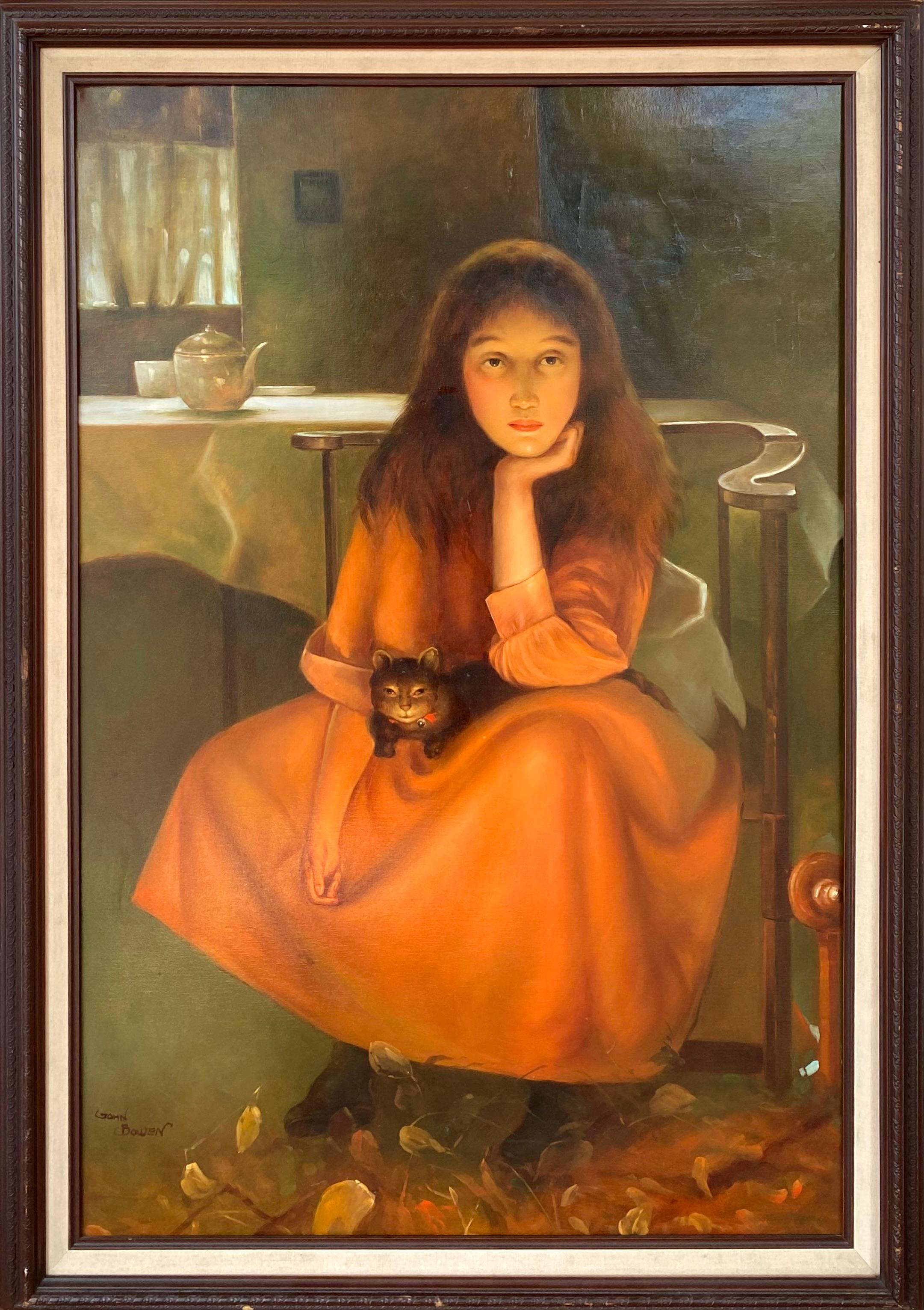 Mädchen mit Katze – Painting von John Bowen 