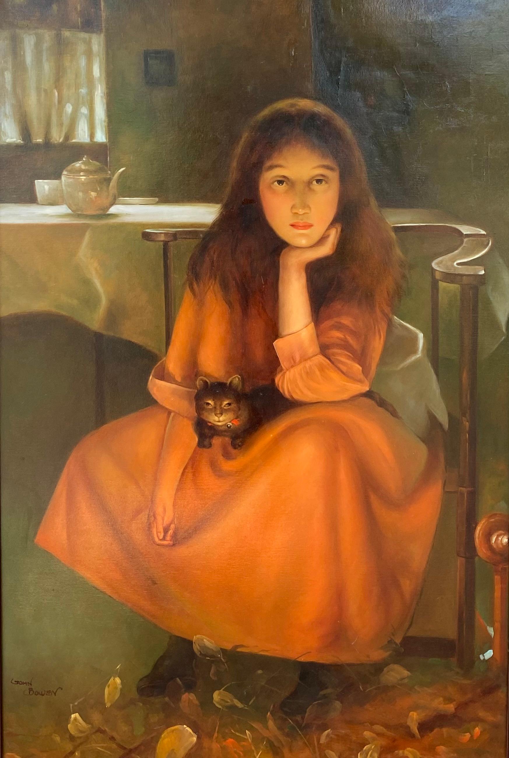 Mädchen mit Katze (Zeitgenössisch), Painting, von John Bowen 