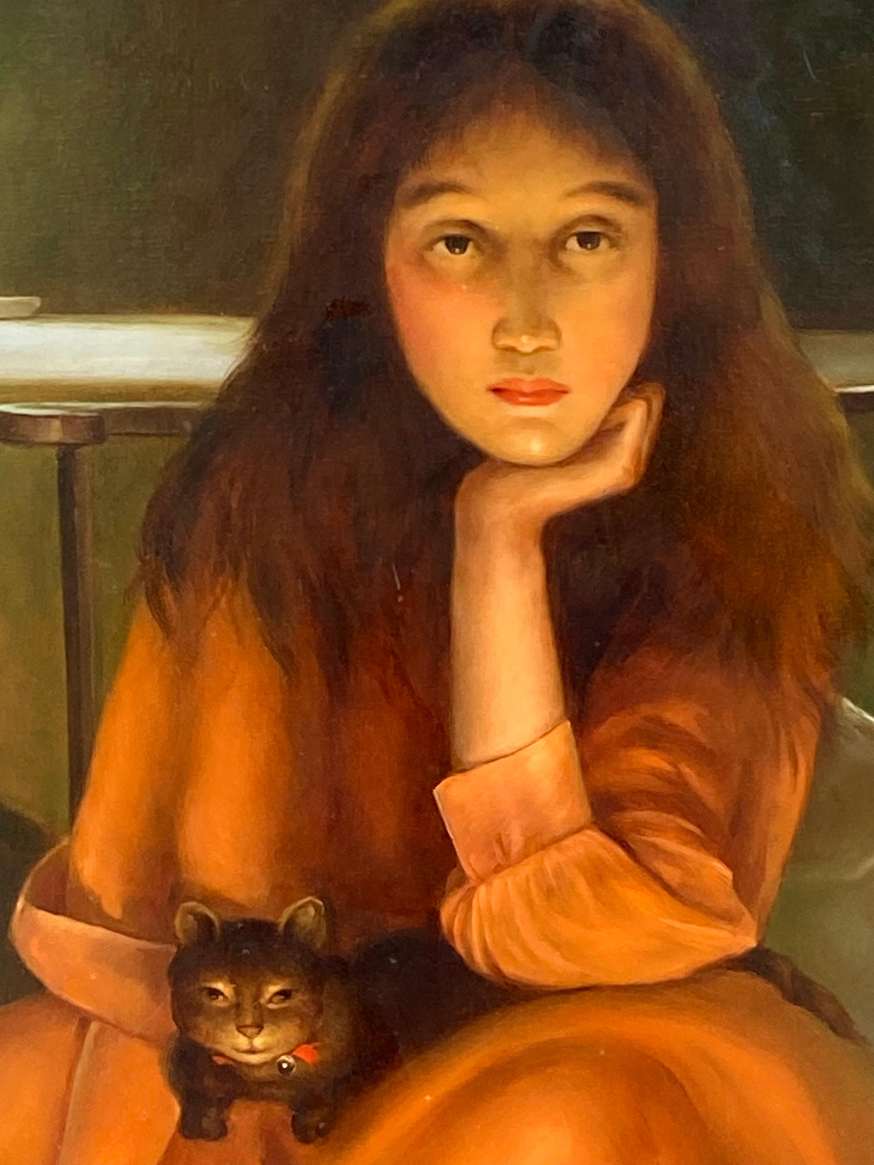 “Girl with Cat” - Contemporary Painting by John Bowen 