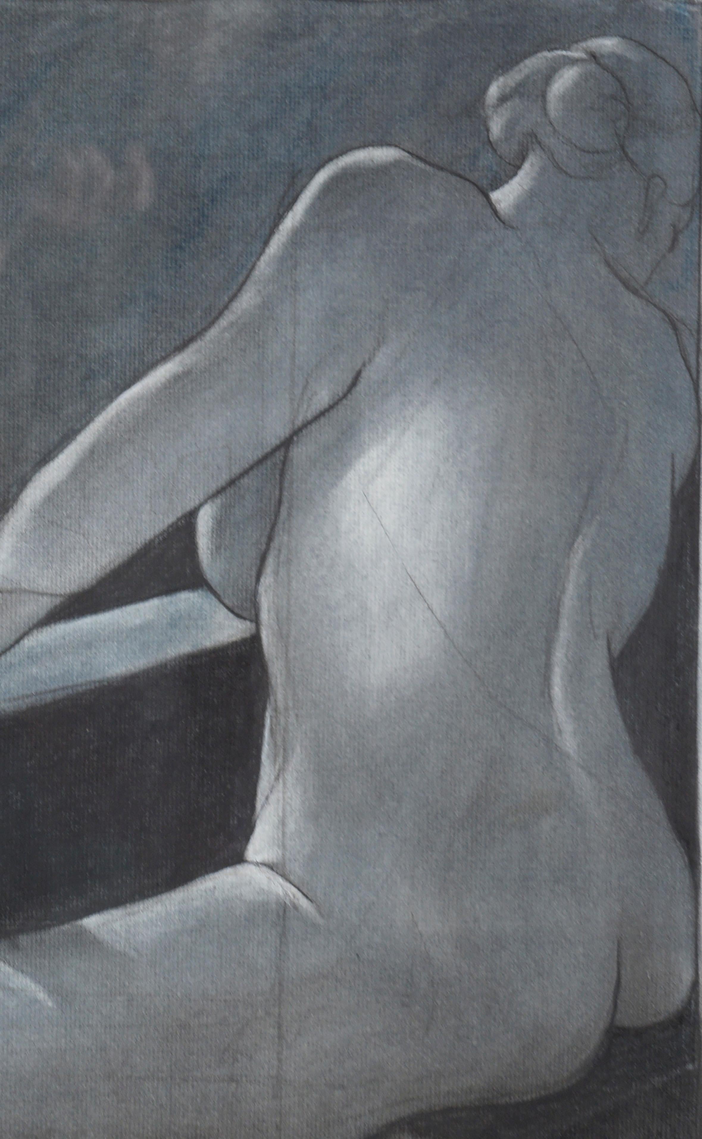 Striking nocturnal nude figurative fine art painting by California artist John Bowler (American, 20/21st Century), 2001. Signed and dated Bowler 2001 lower right corner (photo image enhanced). Presented in pewter-toned wood frame under glass. Image
