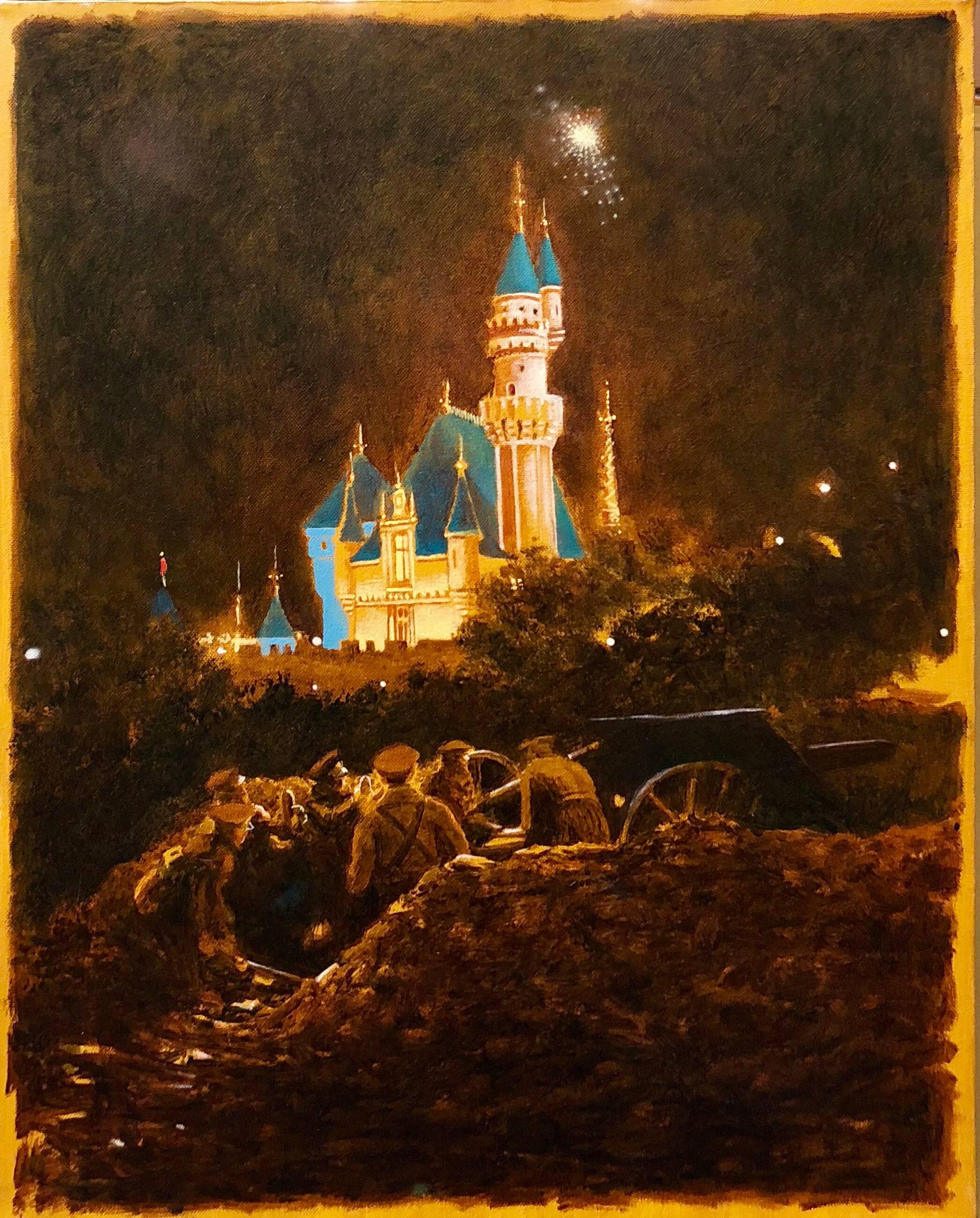 Ottobre, Scena notturna con castello e soldati Pittura ad olio - Painting di John Bowman