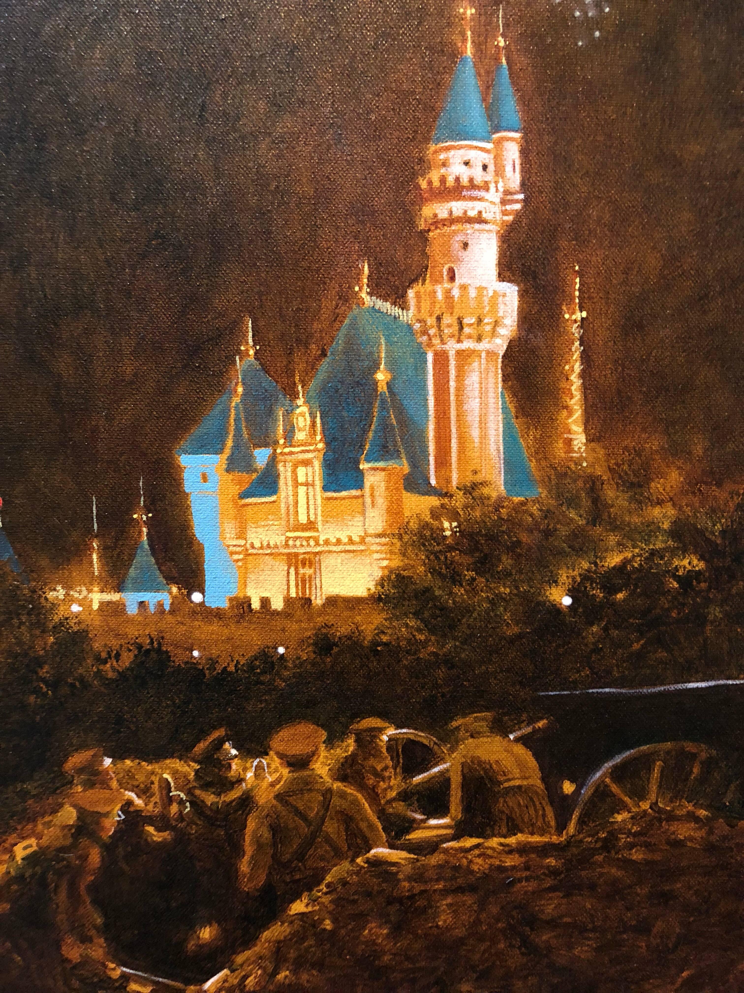 Landscape Painting John Bowman - Peinture à l'huile - Scène de nuit avec château et soldats, octobre