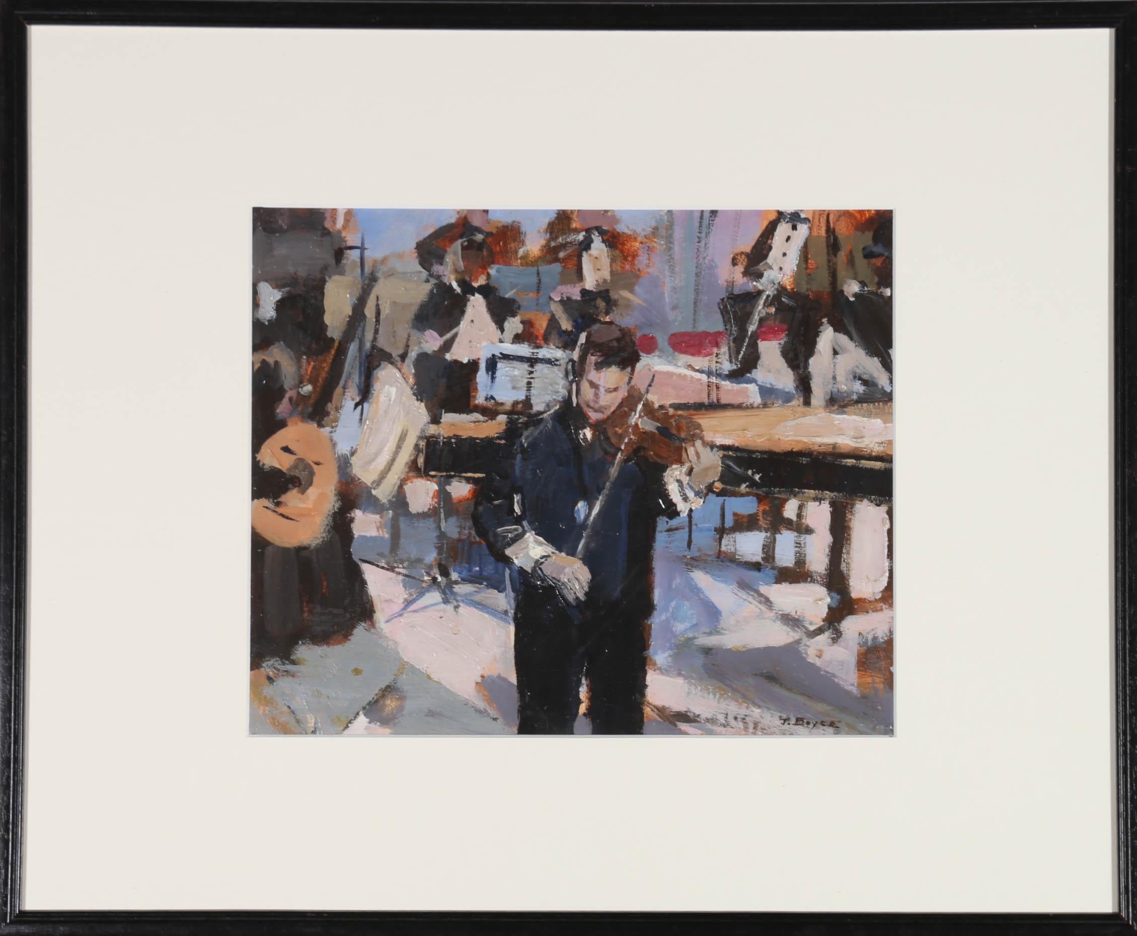 An impressionistic oil study by John Boyce (b.1938), depicting a solo violinist performing in front of his fellow orchestra. A well balanced colour palette paired with short block brushstrokes creates a sharp sense of movement in this musical scene.